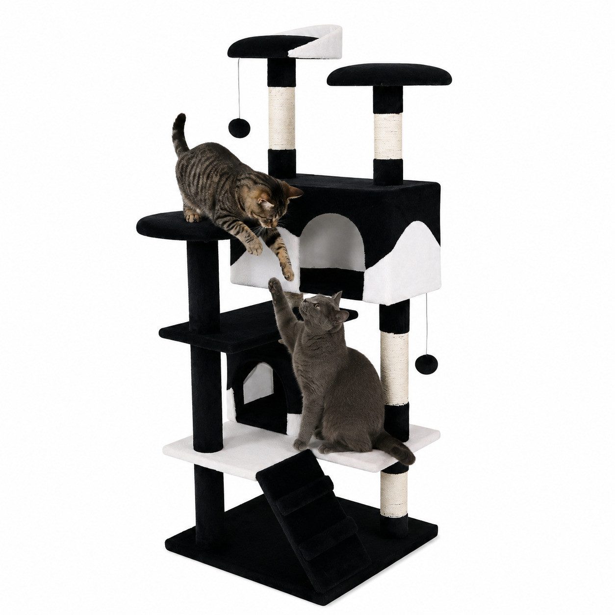 lionto Kratzbaum mit 2 Höhlen, Treppe, 3 Liegeflächen & Sisalstämmen, schwarz/weiß, 130 cm großer Kratz- & Spielbaum für Entdecker