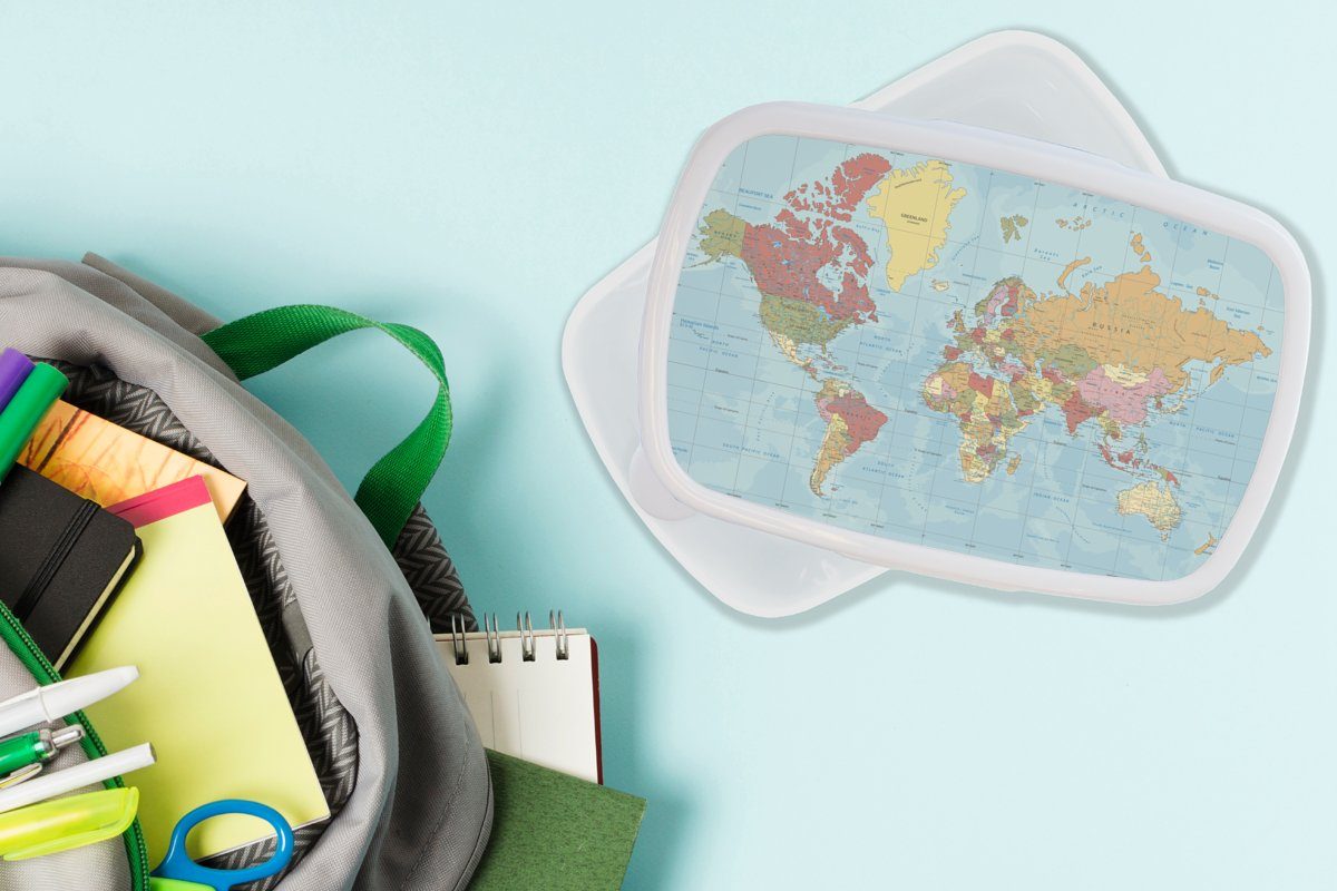 Welt Kinder Farben, für - Mädchen Erwachsene, Kunststoff, Lunchbox und für und MuchoWow Jungs - Brotdose, Karte Brotbox (2-tlg), weiß