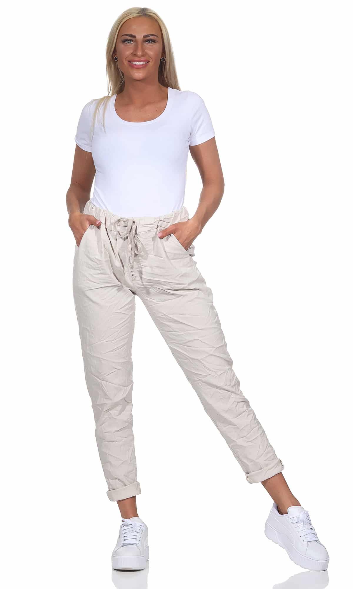 OriginalYou Schlupfhose Sommerhose Damen Chinohose leichte Schlupfhose moderner Knitterlook, elastischer Bund mit Kordelzug