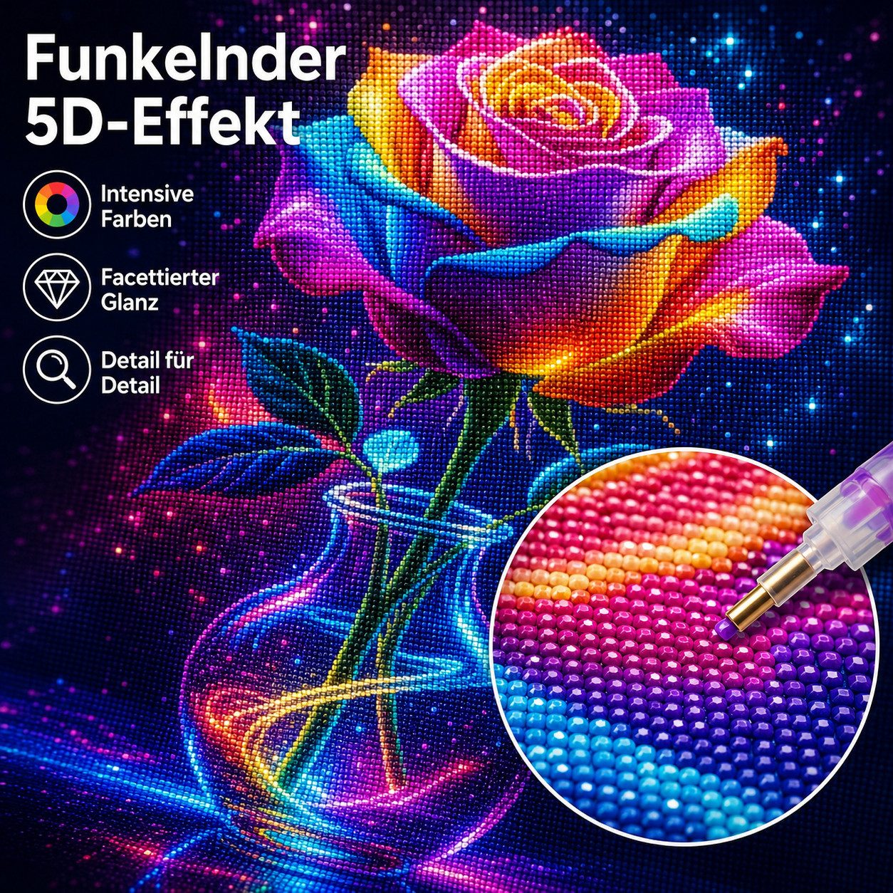Rötting Design Malen nach Zahlen Diamond Painting Set 5D DIY Motiv neonstrahlende Rosen in Vase (Komplett-Set), Diamond Painting Vollbild, Vollständiges Zubehörpaket