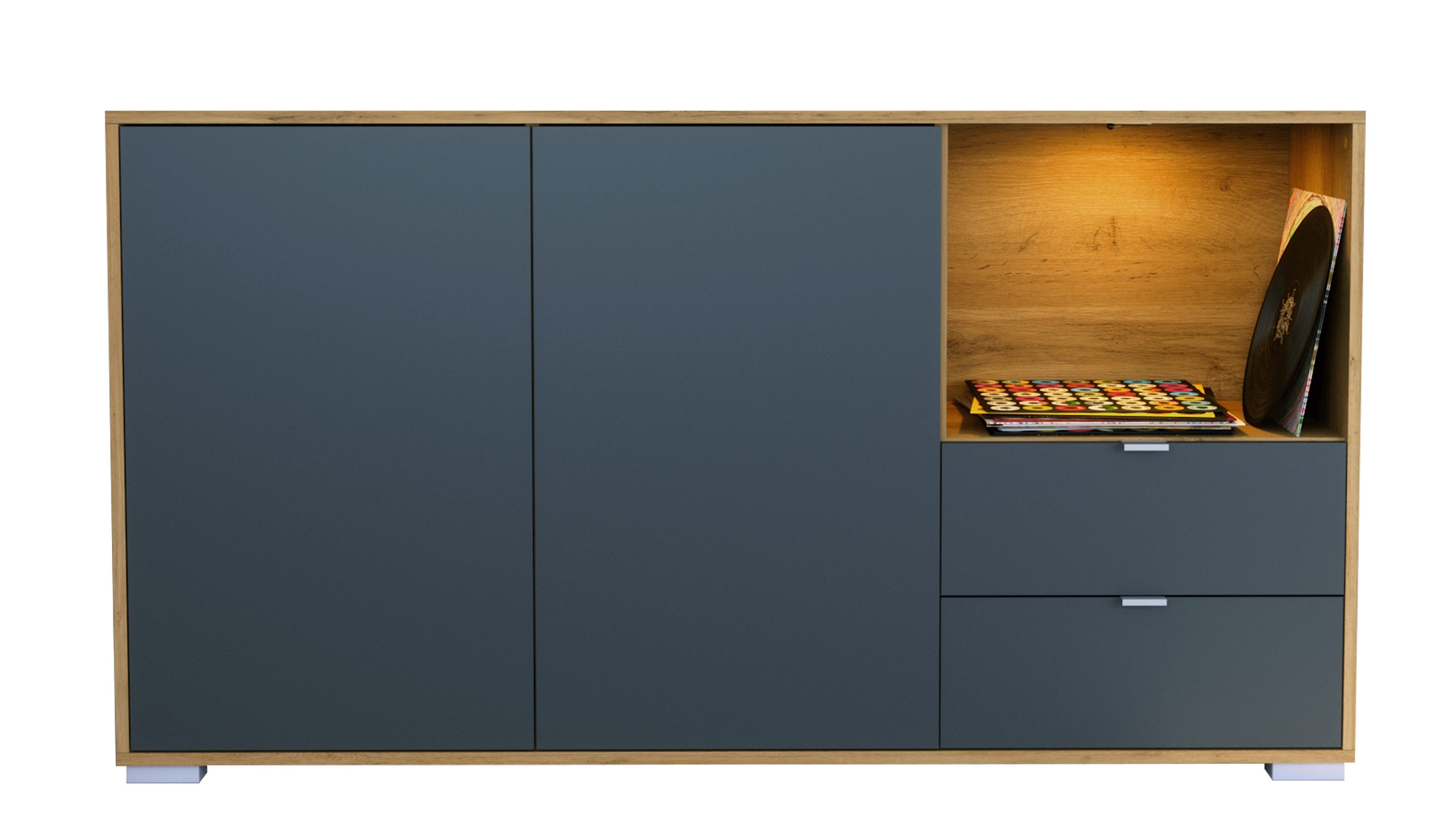 Vladon Sideboard Milano (Kommode mit 2 Türen Anthrazit matt, 2 Schubladen Anthrazit matt, inkl. LED, Made in Germany), Korpus Eiche Evoke (152,5 x 83 x 37 cm)