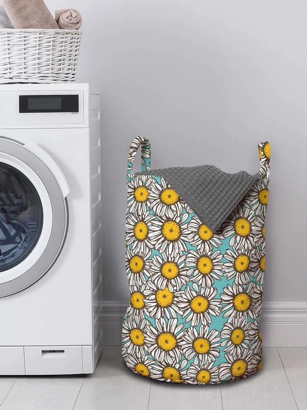 Abakuhaus Wäschesäckchen Wäschekorb mit Griffen Waschsalons, Weiß für Gelb Gänseblümchen Sketch und Kordelzugverschluss