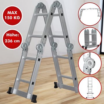 VENDOMNIA Vielzweckleiter Mehrzweckleiter mit Treppenfunktion (klappbar, Aluminium, bis 150 kg, 4-teilig, (4x2 Sprossen), Vielzweckleiter, Stehleiter, Gelenkleiter, Universalleiter), 239 cm