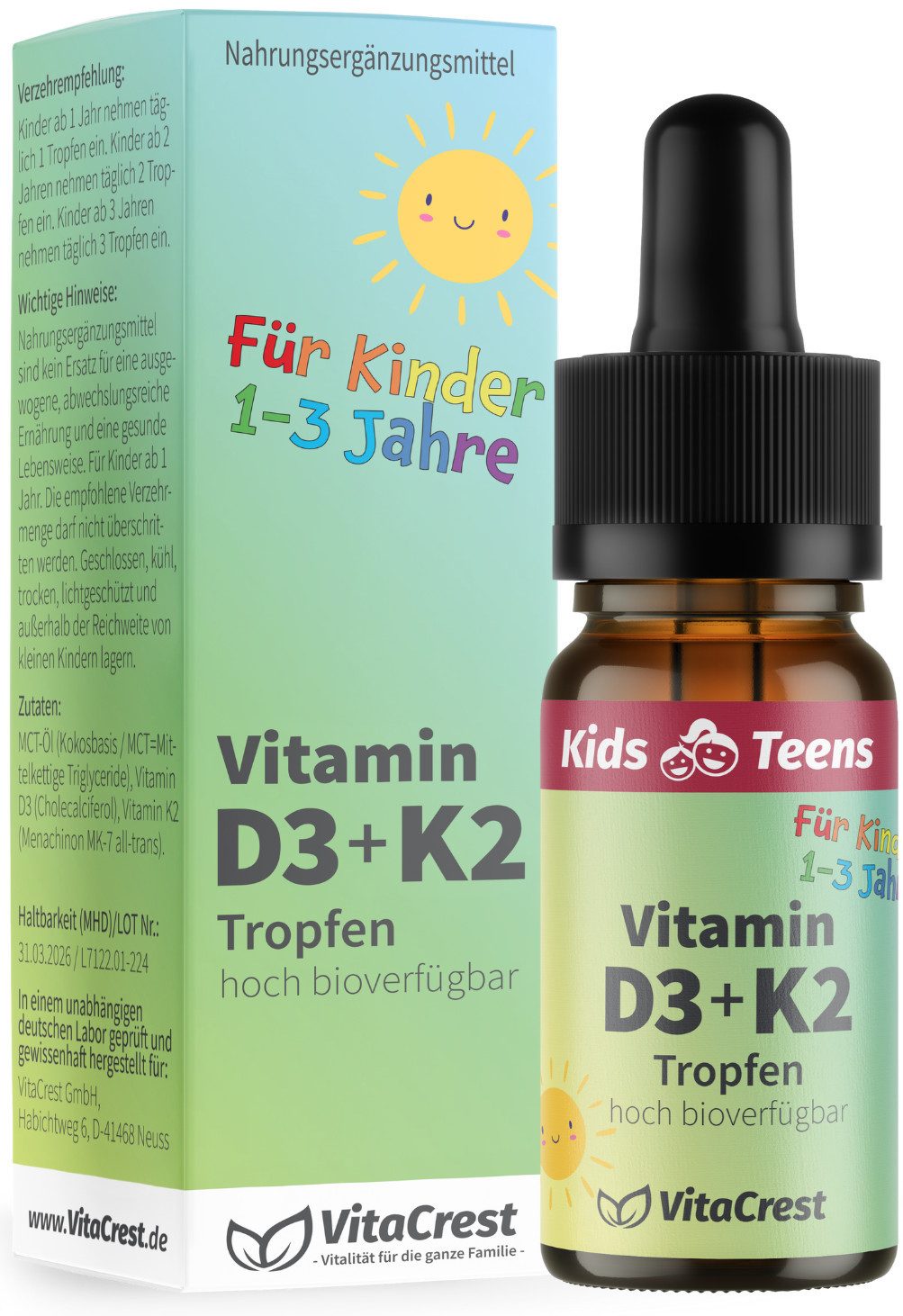 VitaCrest Vitamin D3 + K2 für Kinder ab 1 Jahr – geschmacksneutrale Tropfen, 10 ml