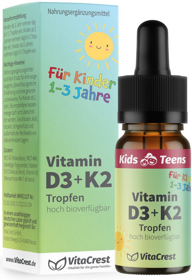 VitaCrest Vitamin D3 + K2 für Kinder ab 1 Jahr – geschmacksneutrale Tropfen, 10 ml, Laktosefrei, Glutenfrei