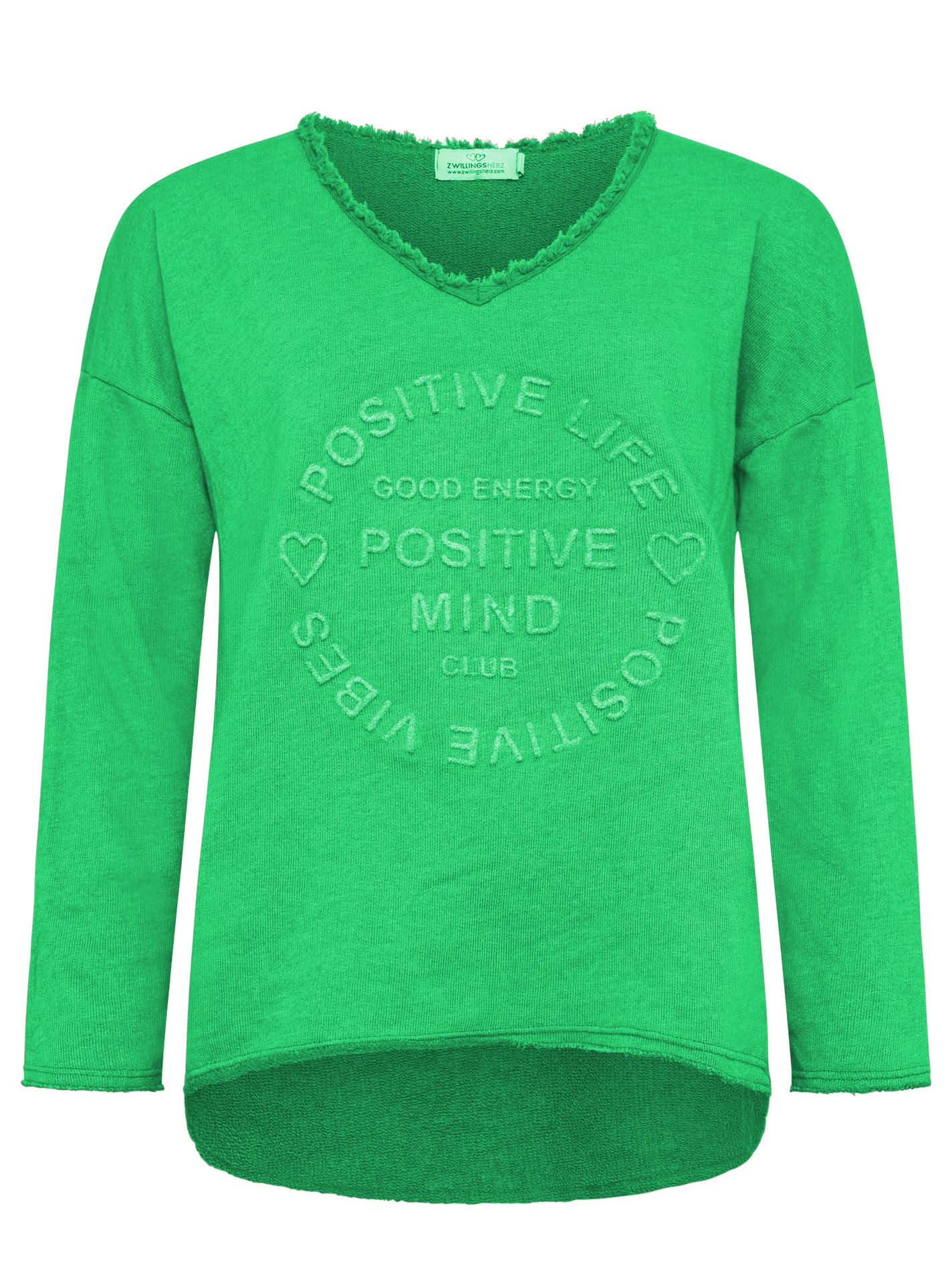 Zwillingsherz Sweatshirt "Positive Mind" ausgefranster V-Ausschnitt, Used Look, Langarm, Schriftzug – Bild 2 von 5