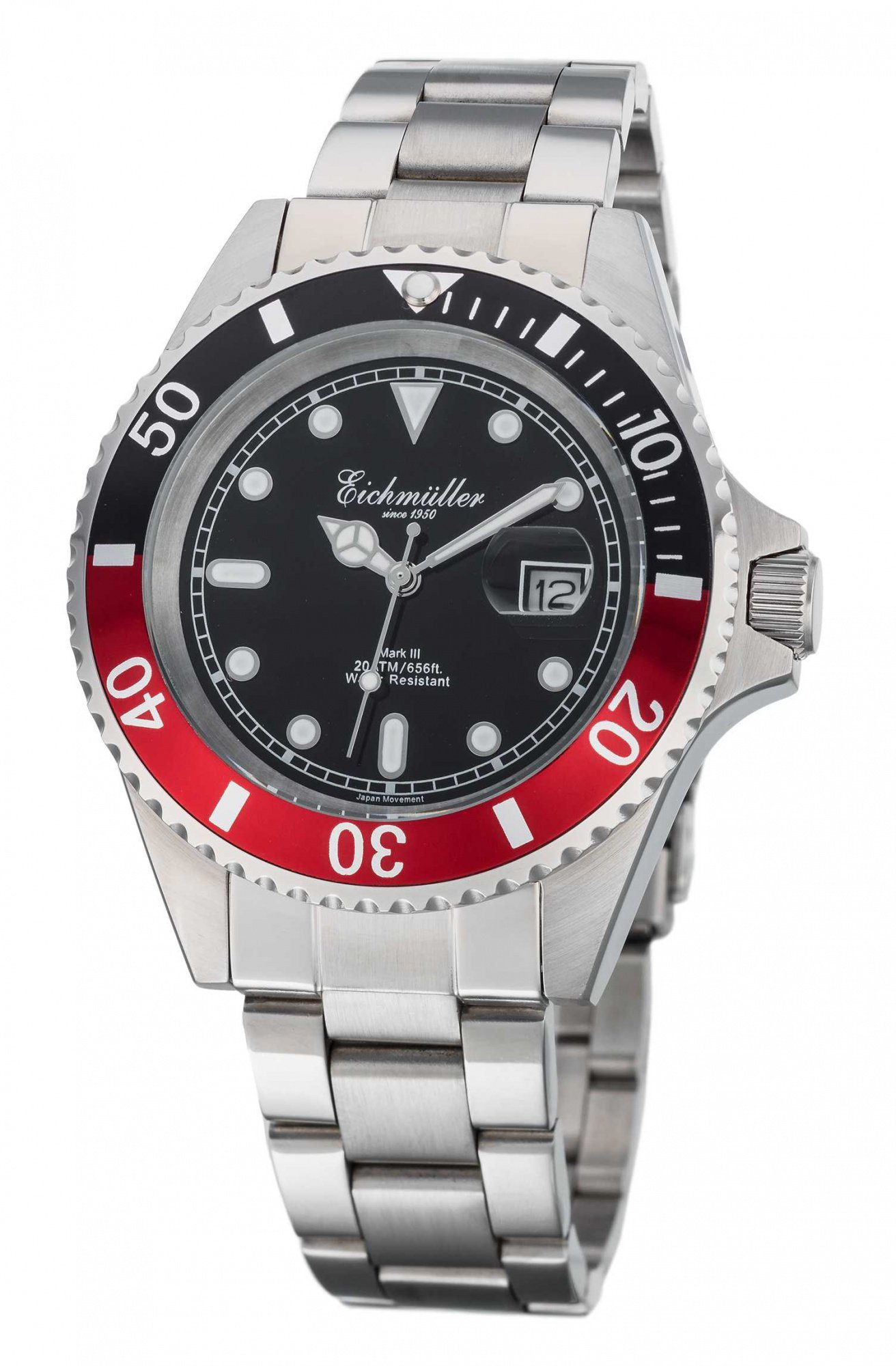 Eichmüller Taucheruhr Herrenuhr, Edelstahl, Schwarz-Rot, 43 mm, 3460-03, wasserdicht bis 20 ATM, sportliches Design mit Edelstahlarmband