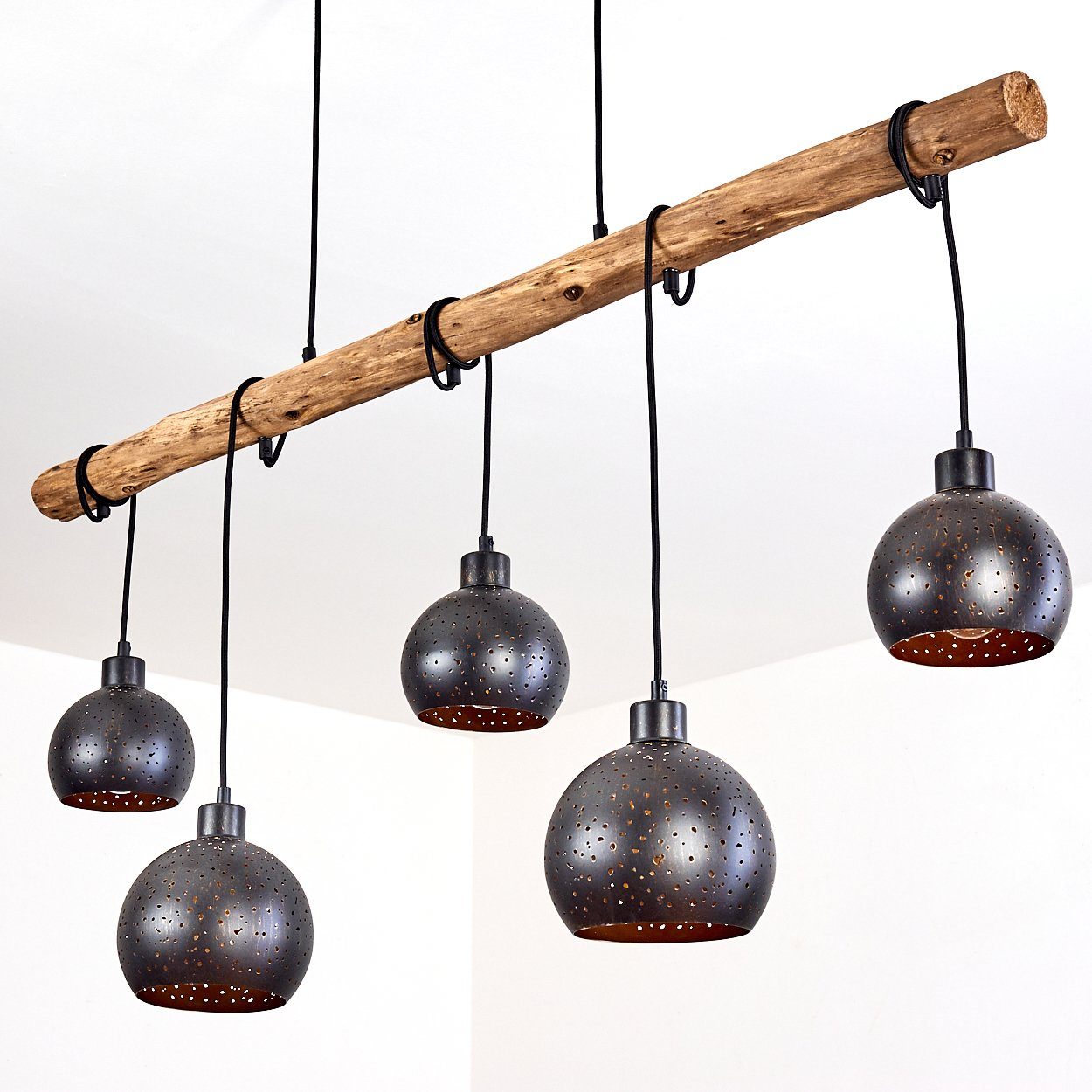 Vintage schwarz ohne kupferfarben, Holz Deckenlampe in in aus Pendellampe Look »Nave« 5-flammige hofstein Leuchtmittel, und Pendelleuchte Metall 5xE27 Natur, mit