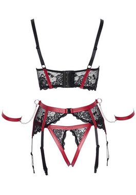 Cottelli Bondage Set: Bügel-BH Dessous-Set: Corsage, String und Strumpfhalter mit Spitze schwarz, rot