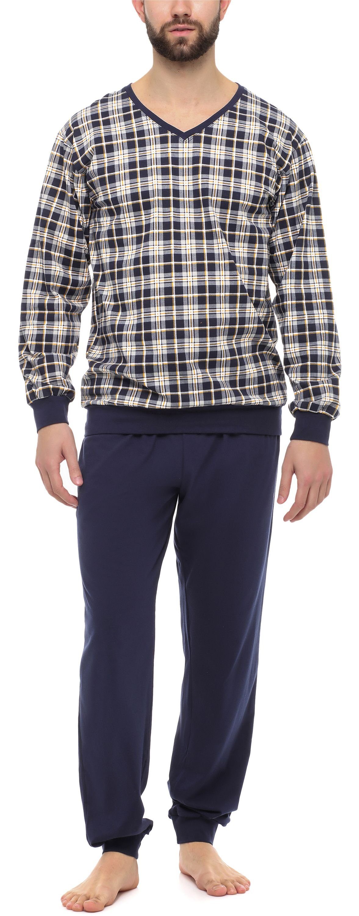Timone Schlafanzug Herren Schlafanzug Lang mit Bündchen Baumwolle Nightwear Set TI30-107 Kariert1 Marine | Pyjamas