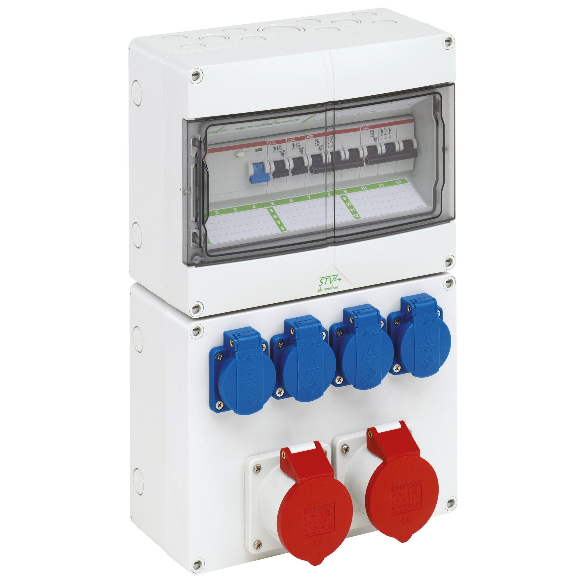 SPELSBERG Verteilerbox STV 1224-K16, Steckdosenkombination anschlussfertig, IP44, 4x SCHUKO, 2x CEE 16A