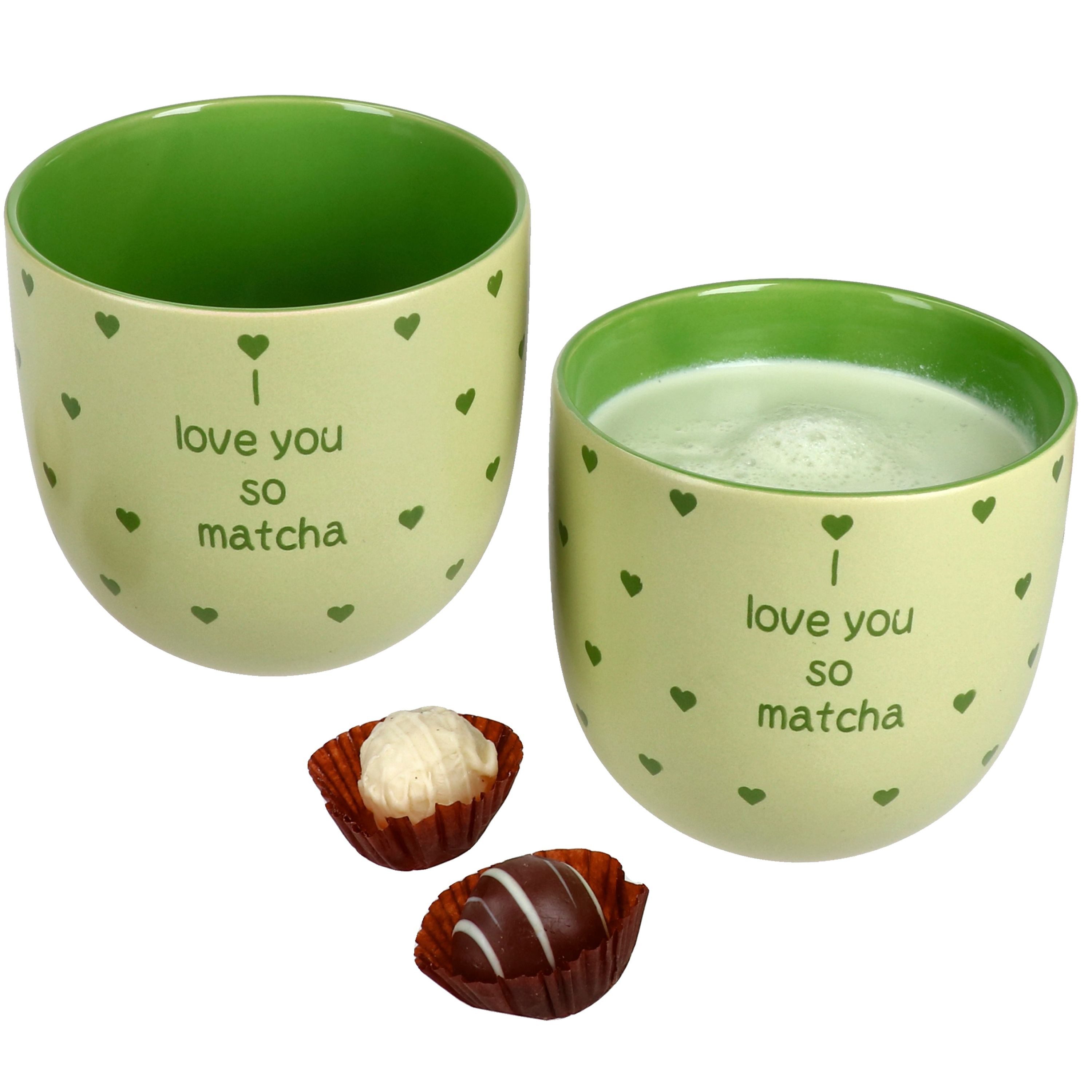 MamboCat Tasse 2x I Love Matcha Becher 370ml Steingut-Tassen 2 Personen Matcha-Drink, Steingut