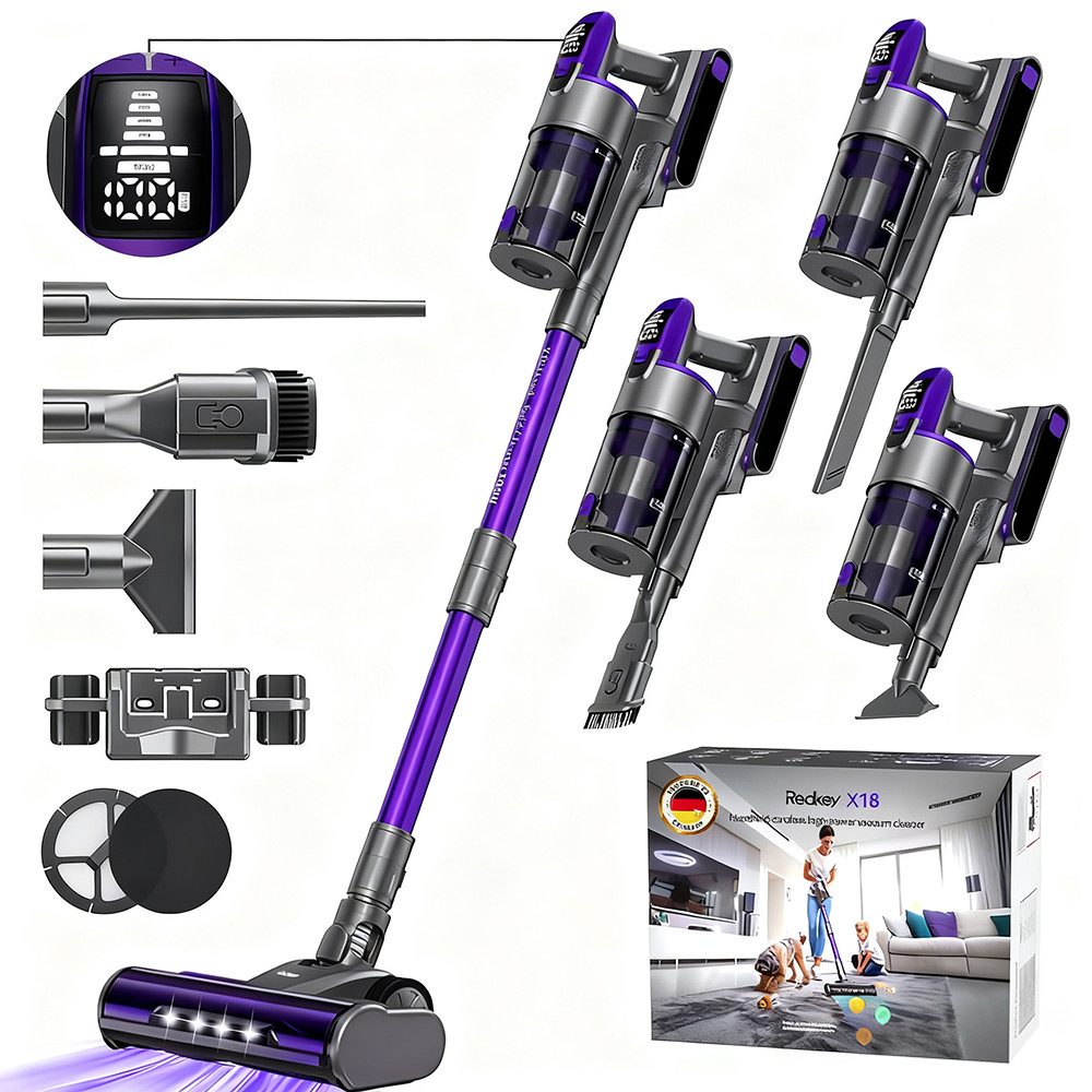 Redkey Hand-und Stielstaubsauger 80000Pa 2025 Akku Пылесосы 100mins Akku-Hand-und Stielstaubsauger, 650 W, mit Beutel, Ultraleiser Пылесосы Kabellos SmartDisplay 5o% Recyclingkunststoff