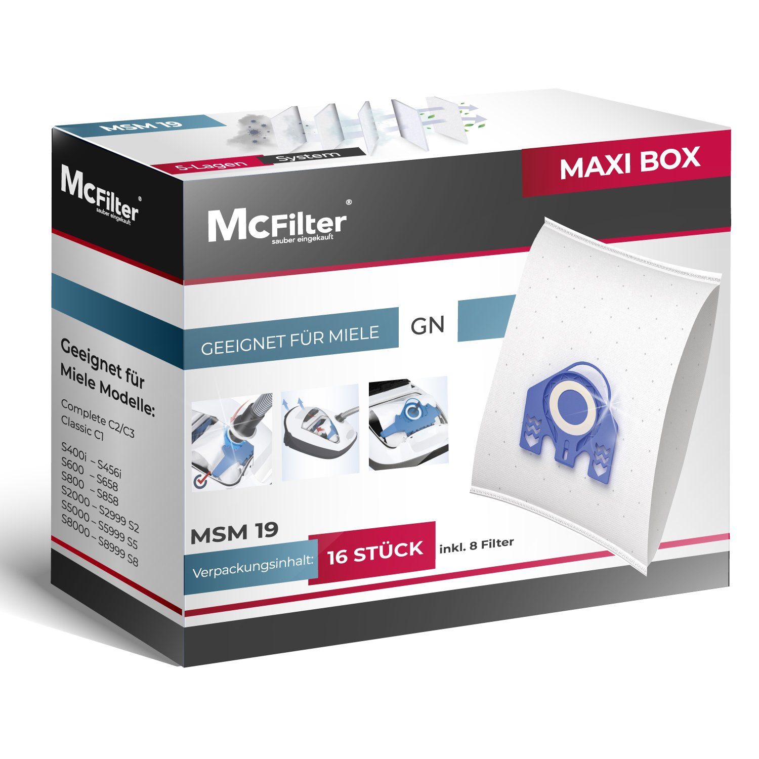 McFilter Staubsaugerbeutel >MAXI BOX< (16+8), passend für Miele GN 3D  Efficiency Staubsauger, inkl. 8 Filter, 16 St., Top Alternative zu Original  9917730, wie Miele 10408410