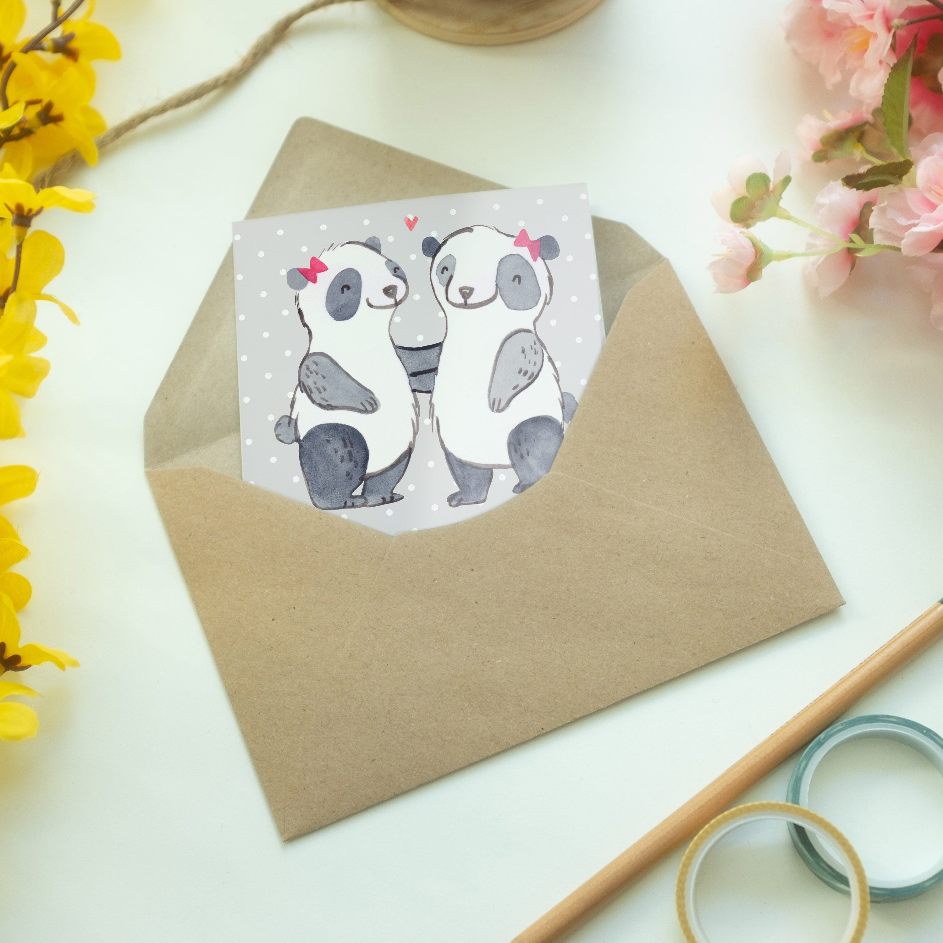 & Einladungsk Grußkarte Welt - der Panda Geschenk, - Mr. Mrs. Grau Panda Schwester Beste Pastell