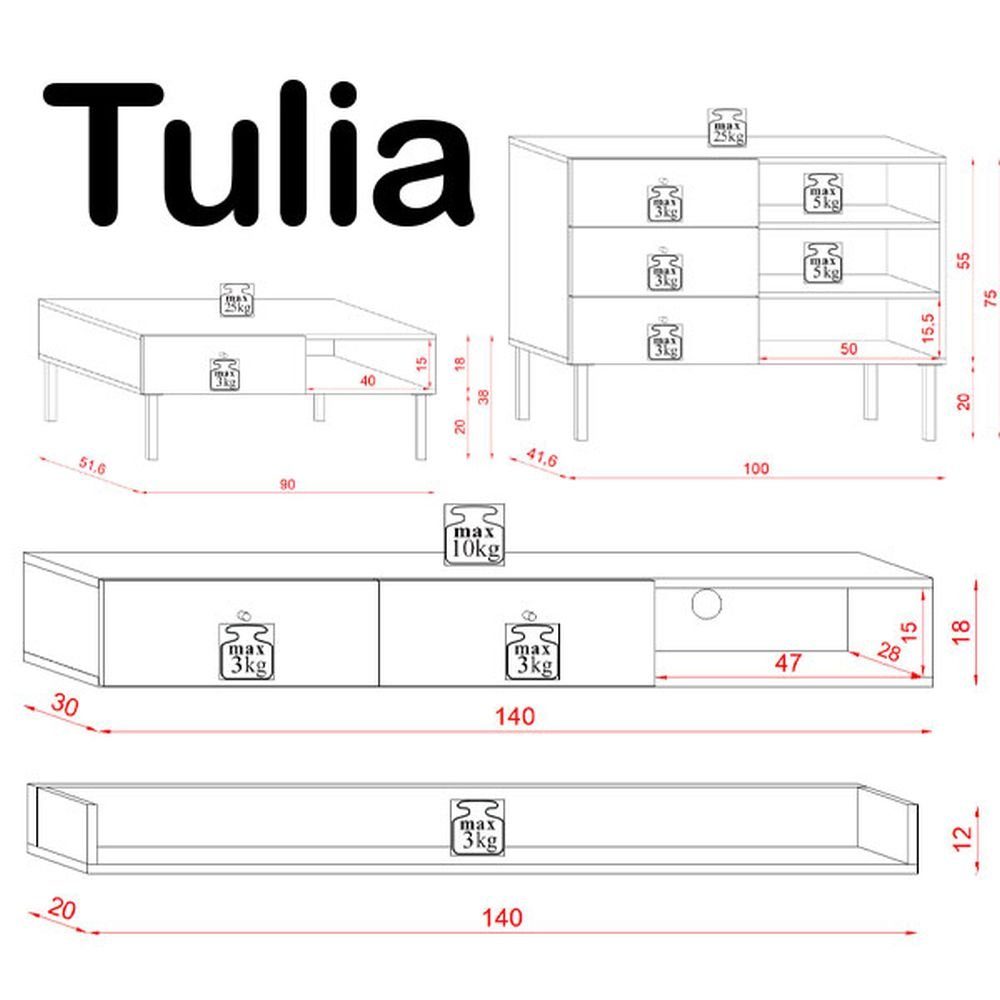 Feldmann-Wohnen Wohnzimmer-Set Tulia, (Set, - - Wandregal) - Couchtisch Lowboard 1 1 1 Sideboard 1
