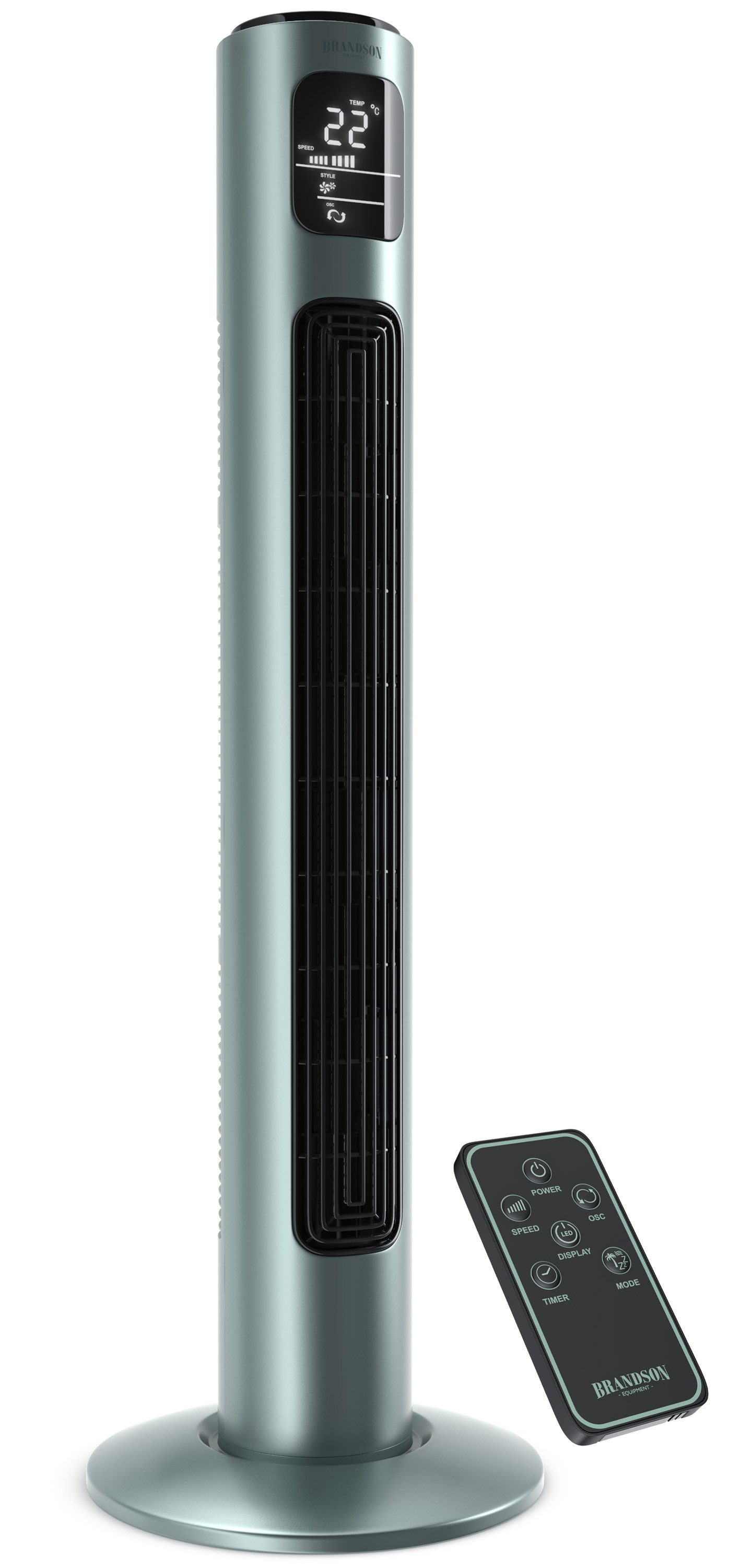 Brandson Turmventilator Oszillation, Timer, Fernbedienung, Standventilator 96cm, Silbermint, Preisträger 2025, mobiler Lüfter leise, 4 Lüftungs-Modi, GS-Geprüft