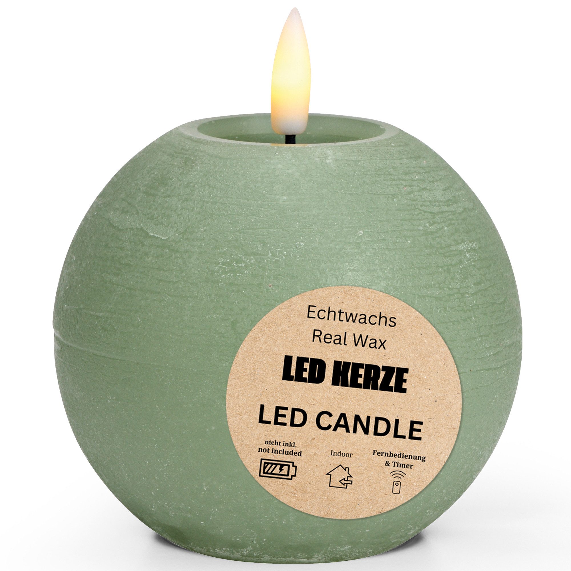 matches21 HOME & HOBBY LED-Kerze LED Kerze Kugel Wachs, Flackernde Flamme, Ø 10x9, Salbei (1-tlg), Praktisch mit Timerfunktion