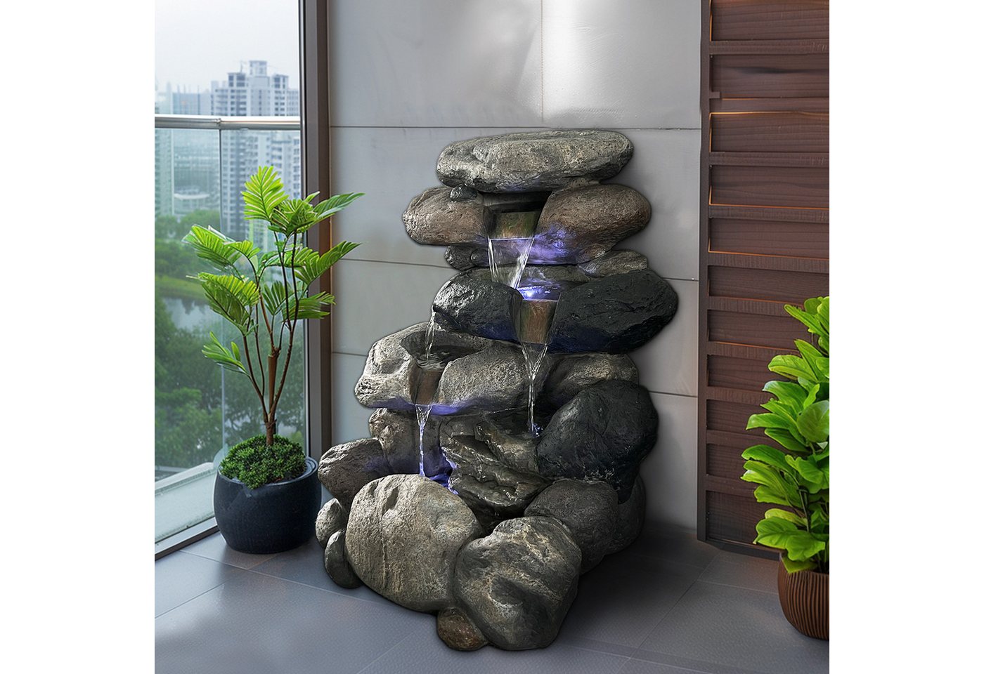 Köhko Gartenbrunnen Kieselstein Gartenbrunnen in Naturstein-Optik mit LED