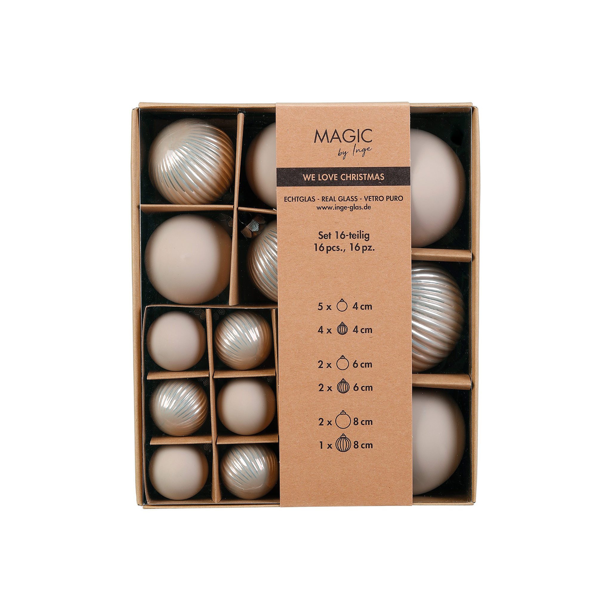 MAGIC by Inge Weihnachtsbaumkugel, Новогодние шары Glas 4-8cm Mix gerillt 16er Set - Fine Alabaster