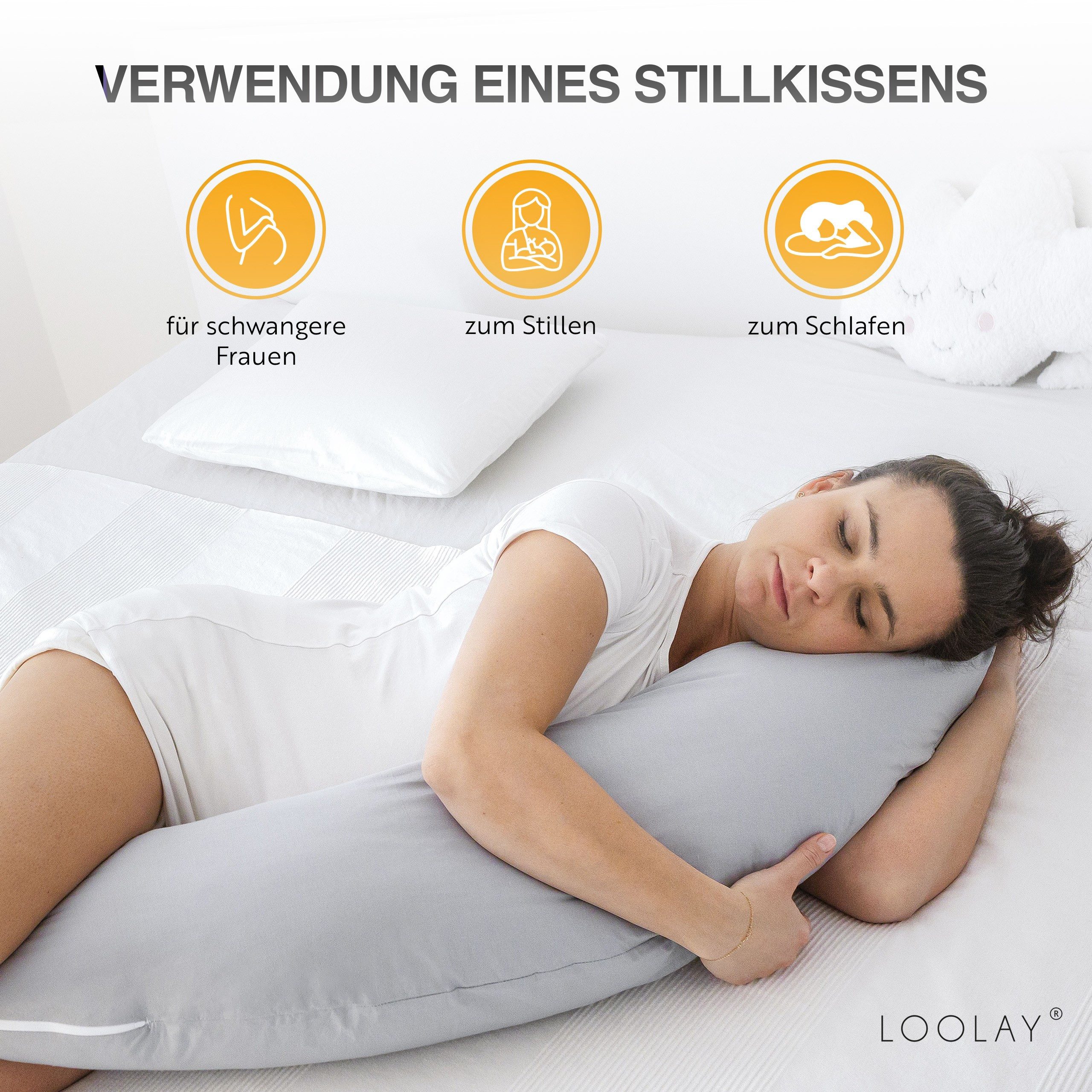 Loolay Stillkissen Baumwolle M/L o L/XL Schwangerschaftskissen Seitenschläferkissen Bezug, WEICH Füllung + 100% BIO-Baumwolle Kissenbezug, 170 oder 190 cm Still – Bild 5 von 5