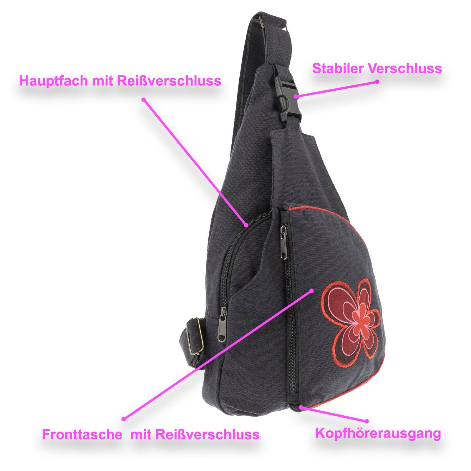 Bodybag M Schultertasche / Rot UND Rucksack MAGIE Schultertasche Hippie Schwarz Kunst&Magie KUNST Flower Slingbag