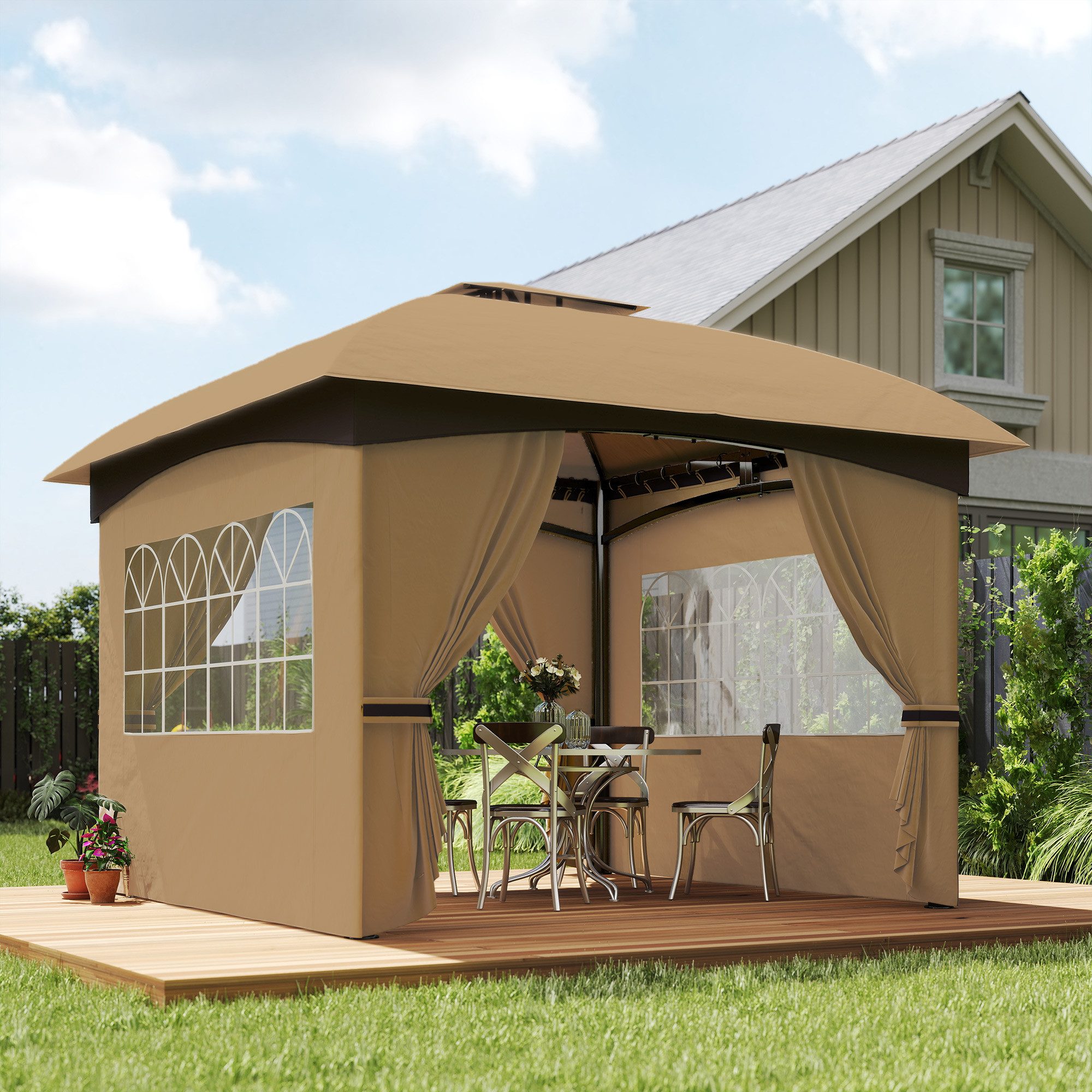 Outsunny Pavillon wasserabweisend Gartenpavillon mit 4 Seitenteilen, Doppeldach, mit 4 Seitenteilen, (Partyzelt mit UV-Schutz, Gartenzelt), mit verzinktem Metallrahmen, für Garten Beige
