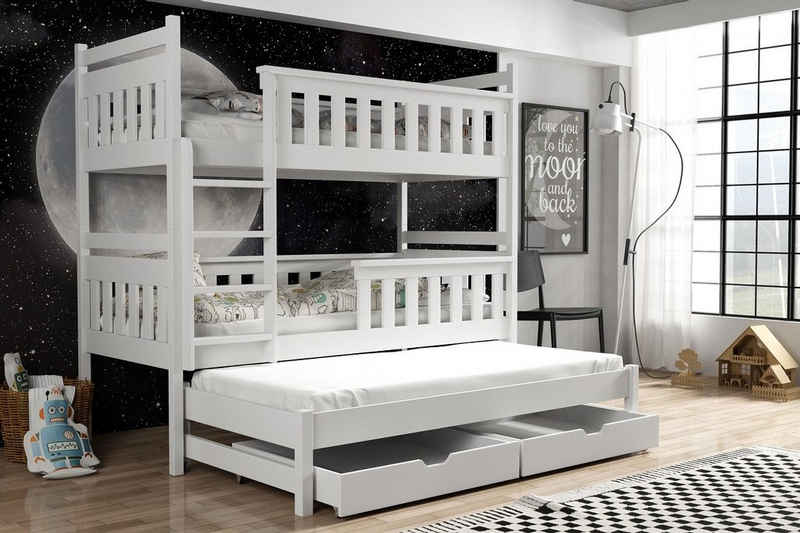 Deine Möbel 24 Etagenbett BEN für 3 Kinder 90x200 Weiß ohne Matratzen / mit Matratzen (Ausziehbett, Kinderbett mit Rausfallschutz, Lattenrost und 2 Schubladen), Hochbett Funktionsbett aus Massivholz, in 2 Kinderbetten umbaubar