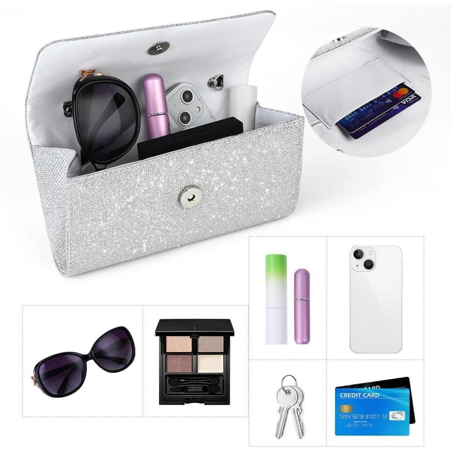 LuxusKollektion Abendtasche Kettentasche Clutch Damen Glitzer Abendtasche Hochzeit Silber A