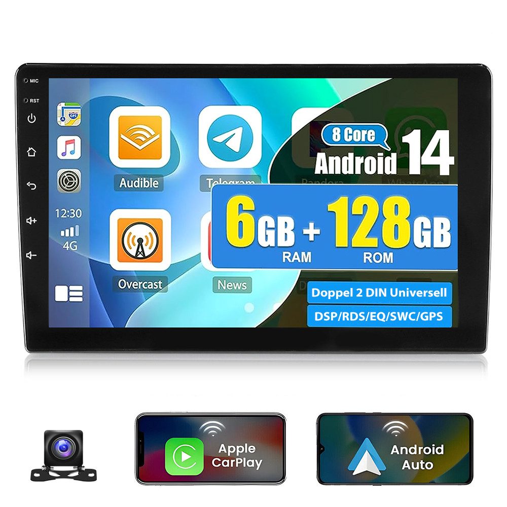 ESSGOO 10'' DAB+ 2DIN 6+128G Android 14 GPS Navi DAB Bluetooth WIFI Carplay Autoradio (DAB+ (optional), DAB (optional), RDS, 6GB+128GB, AM, FM, 10 Zoll Octa-Core 8-Kern DSP 4G LTE SWC BT EQ GPS Navi WIFI)