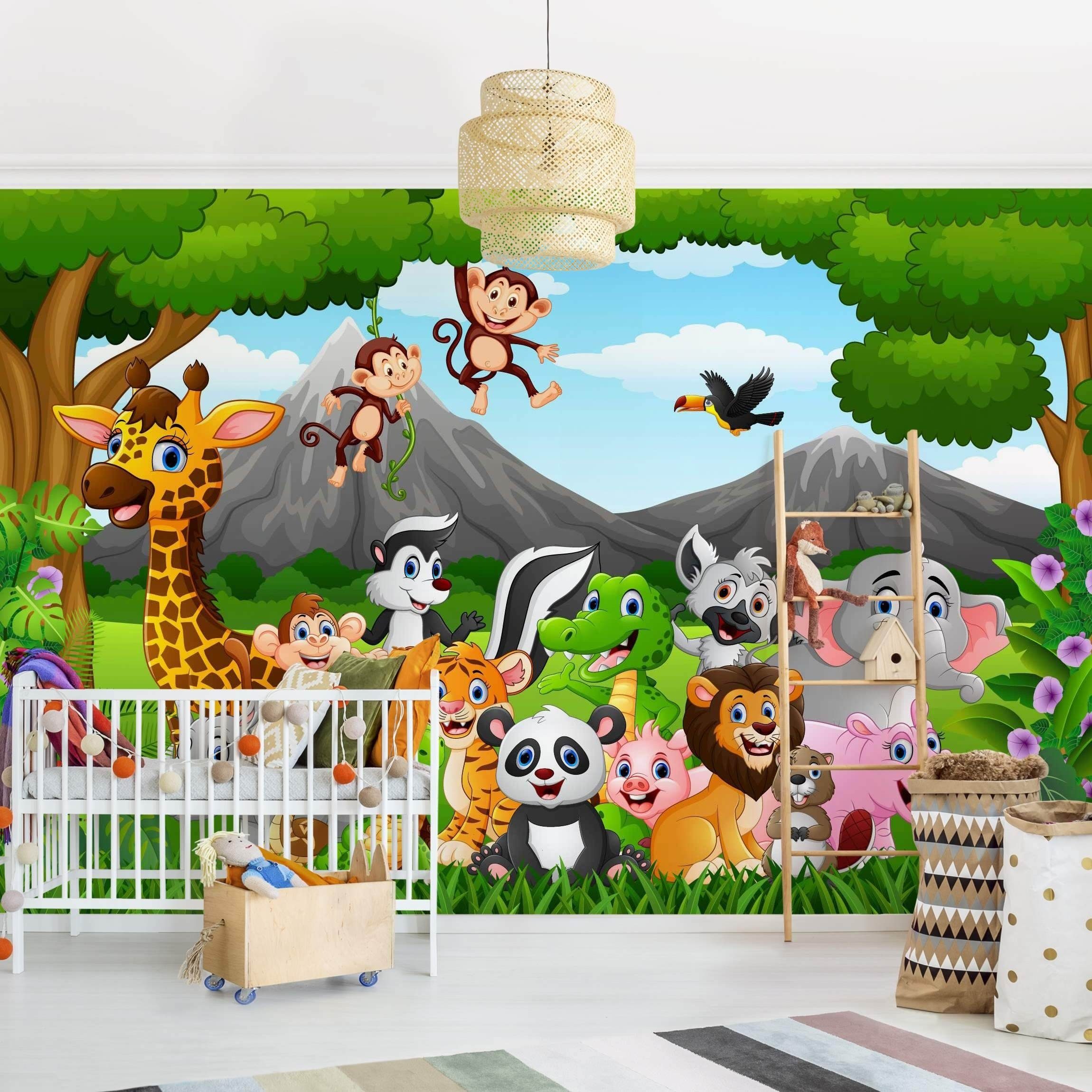 Bilderdepot24 Kindertapete Kinderzimmer Wilde Dschungeltiere Wanddeko Panda Giraffe Affen Elefant, Glatt, Matt, (Inklusive Gratis-Kleister oder selbstklebend), Mädchenzimmer Jungenzimmer Babyzimmer Bildtapete Fototapete Wandtapete