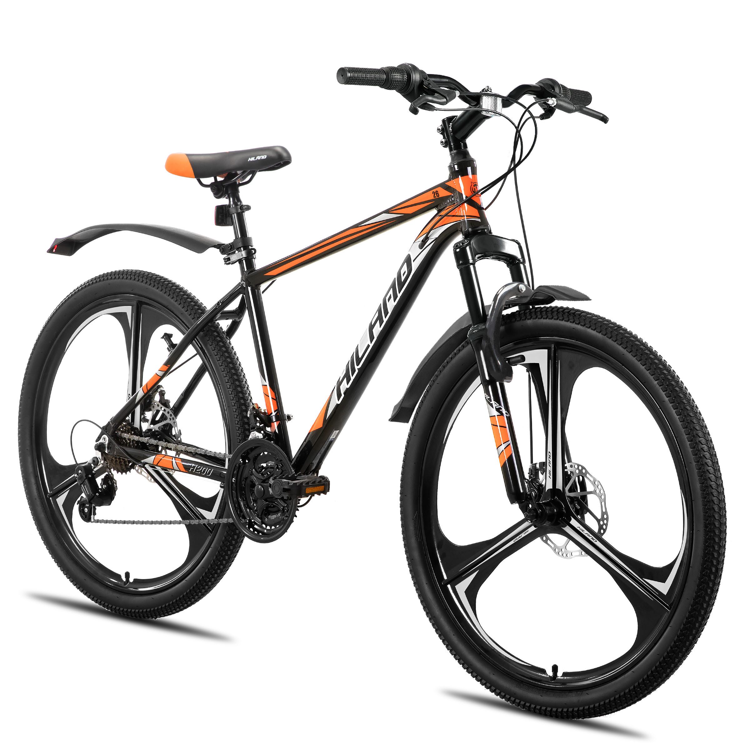 HILAND Mountainbike 26" Aluminium MTB Shimano 18-Gang, 3D/6D Felgen wählbar, 3/6-Speichen-Räder, 18-Gang, mit Schutzblechen, Doppelscheibenbremsen