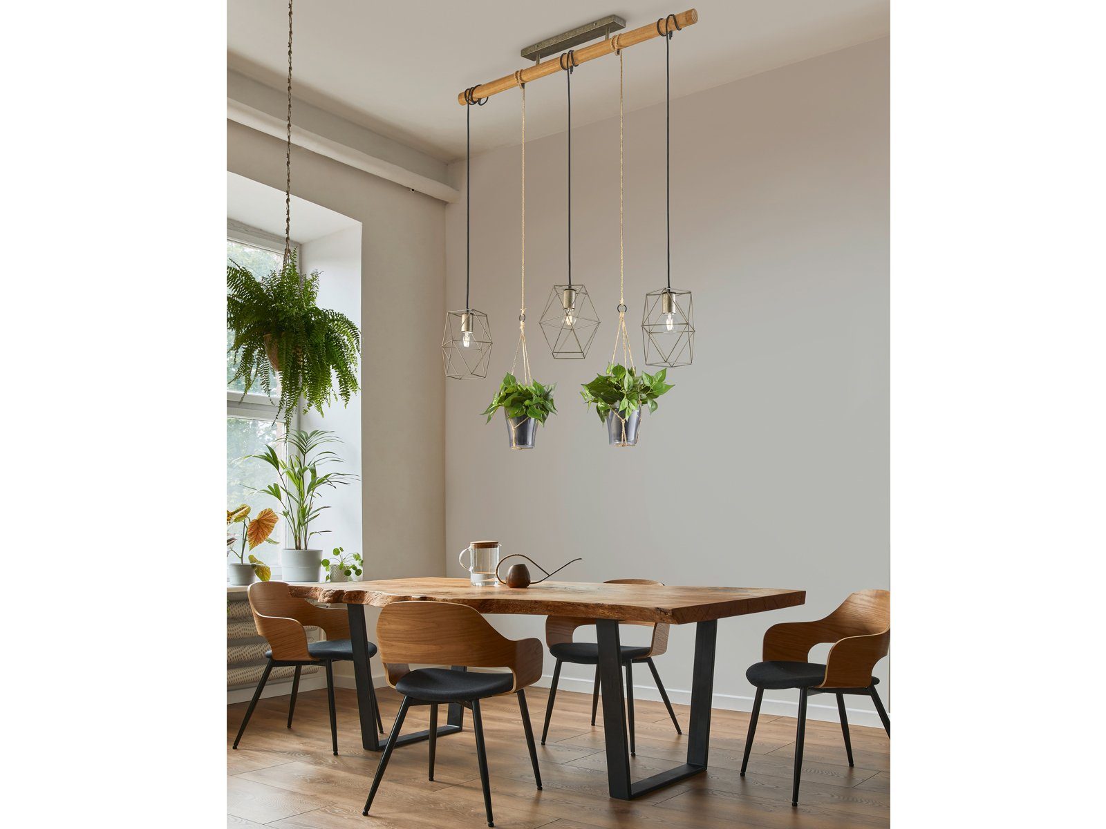 TRIO Leuchten LED Pendelleuchte, LED wechselbar, Warmweiß, Holz-lampen hängend über Esstisch-lampe Blumentopf Natur, Breite 115cm