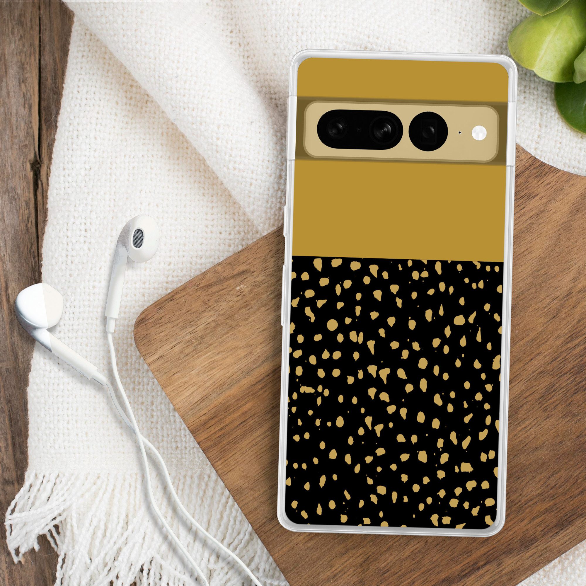 MuchoWow Handyhülle für Google Pixel 7 Pro Polka dots - Ockergelb - Schwarz, Phone Case, Silikon, Schutzhülle Dünn