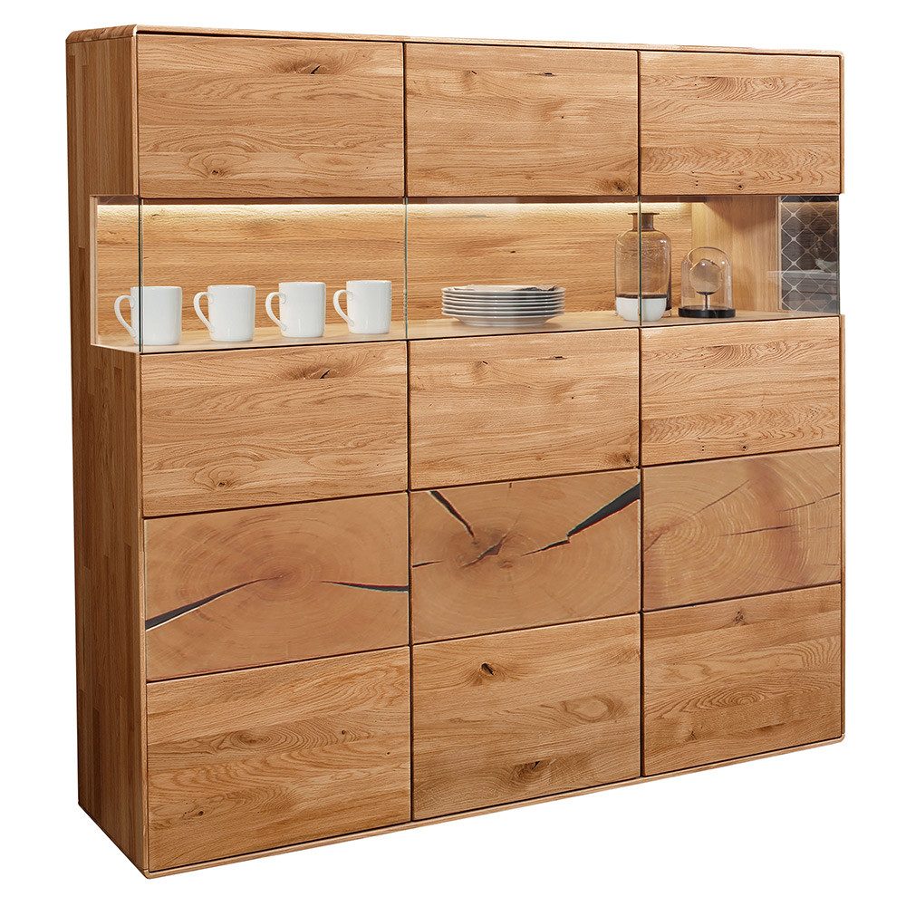 Lomadox Highboard WESTON-69, Massivholz Wildeiche geölt 150 cm Push-to-Open ohne Griffe