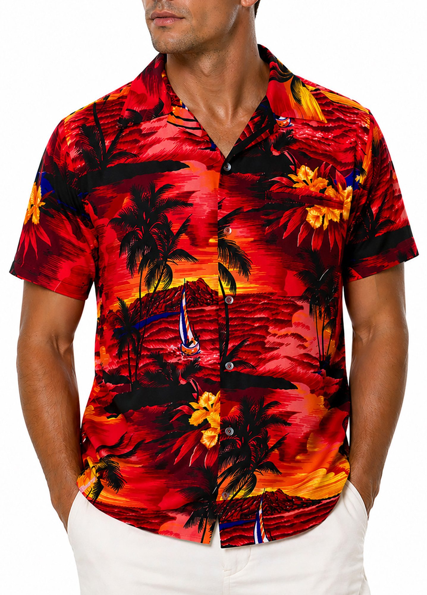 King Kameha Hawaiihemd "Surf" Funky Hawaii-Hemd Herren Kurzarm Front-Tasche Sommerhemd