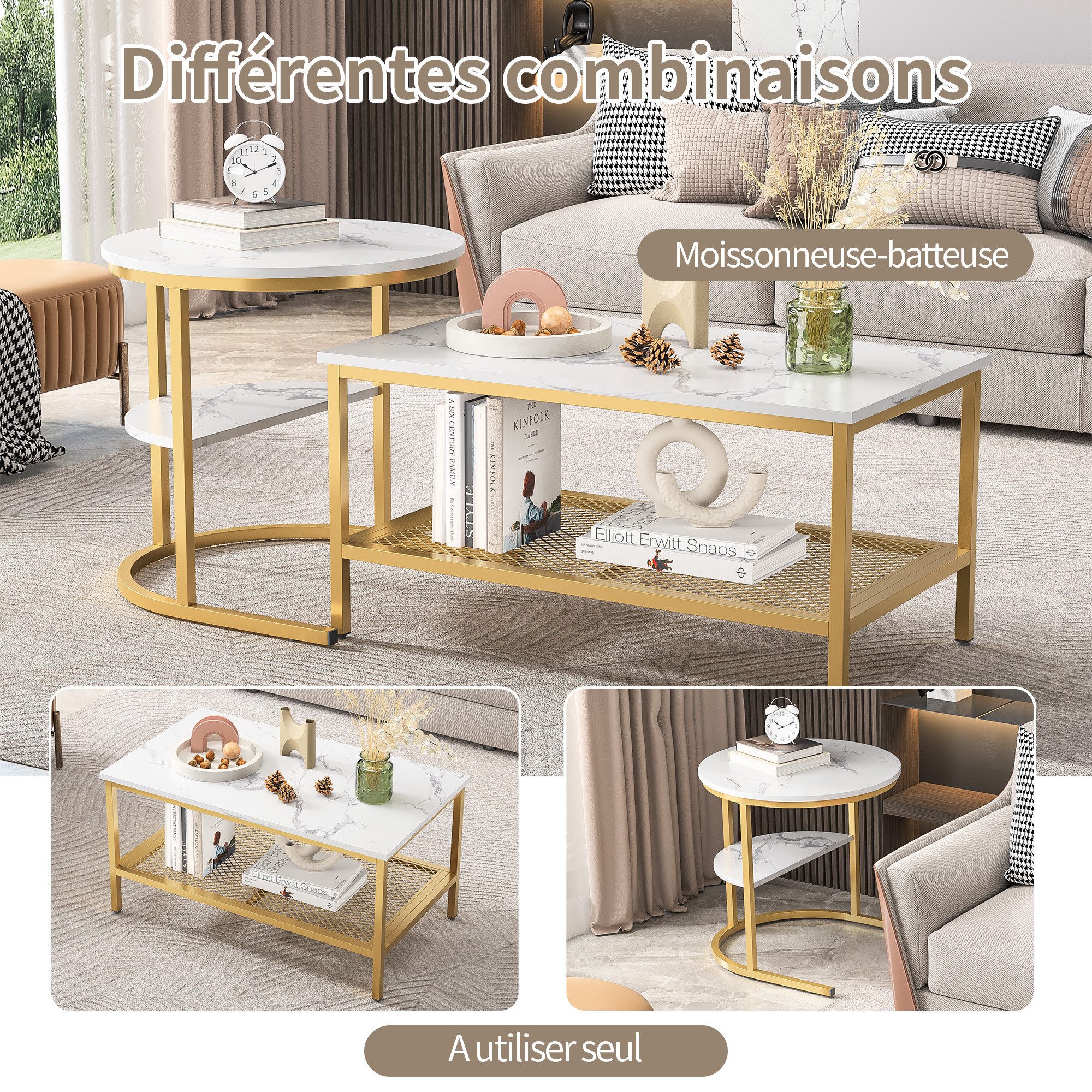 FUROKOY Couchtisch 2er-Satztisch Beistelltisch stapelbarer Sofatisch (Runder Tisch Oval,Marmoroptik,mit Ablagebode,Weiß-Gold), 80x46x41cm+52x52x51cm