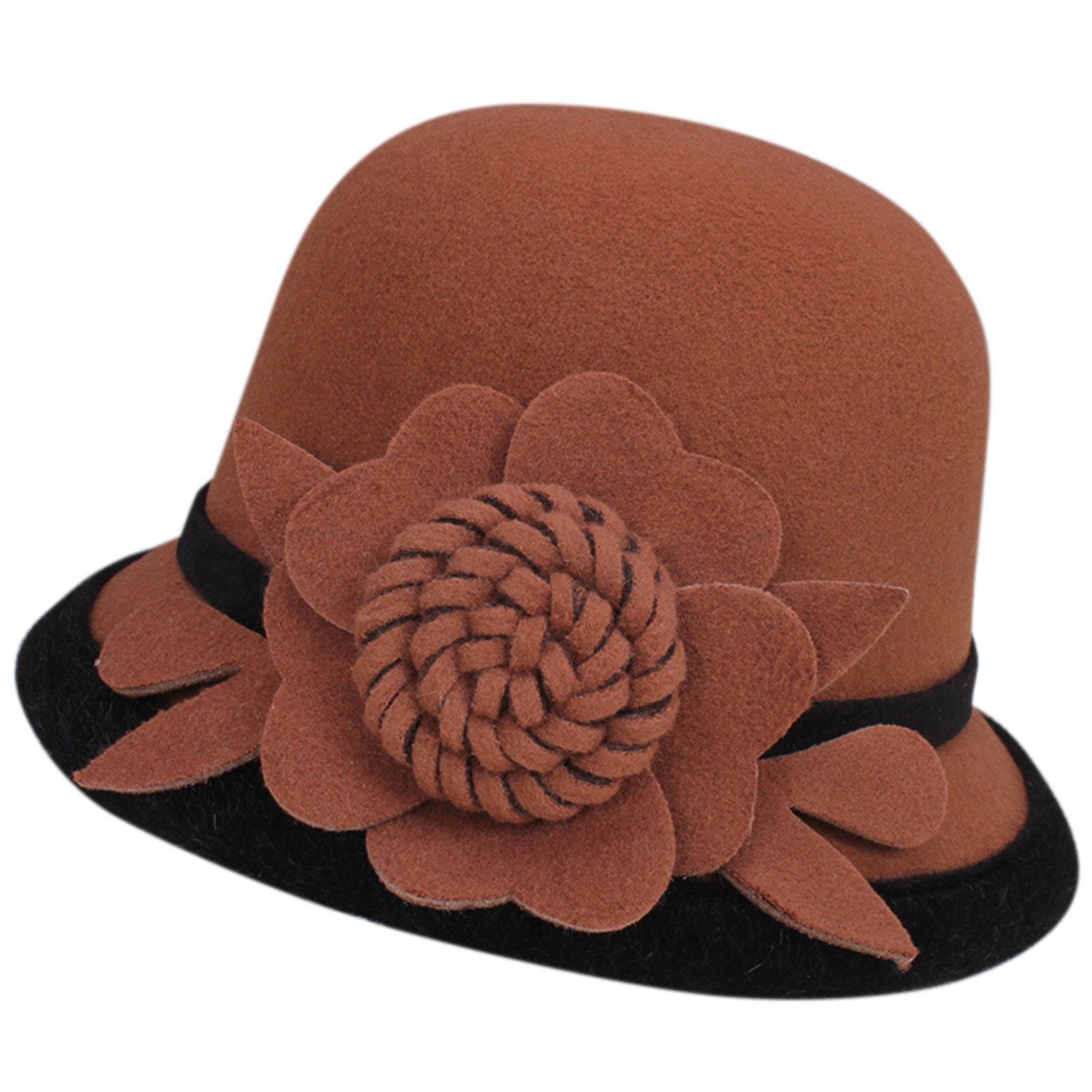 MAGICSHE Fischerhut Damen Filzhut 1920er Jahre Vintage Bowler Hut mit Blume Karamell