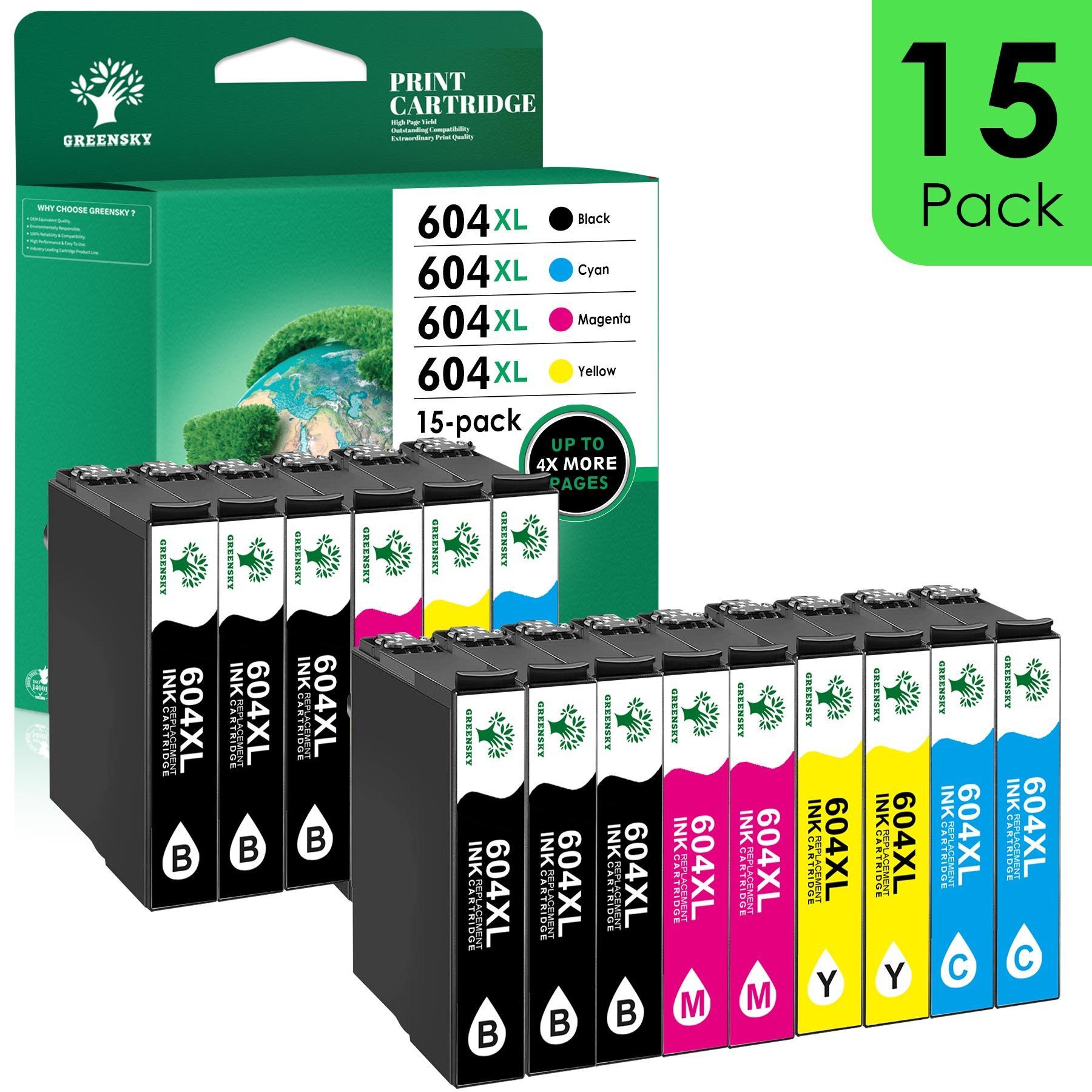 Greensky 12/15PK Multipack 604XL für EPSON 604 XL Druckerpatronen Tintenpatrone (WF-2910DWF WF-2930DWF WF-2935DWF WF-2950DWF, XP-2200 XP-2205 XP-3200 XP-3205 XP-4200 XP-4250)