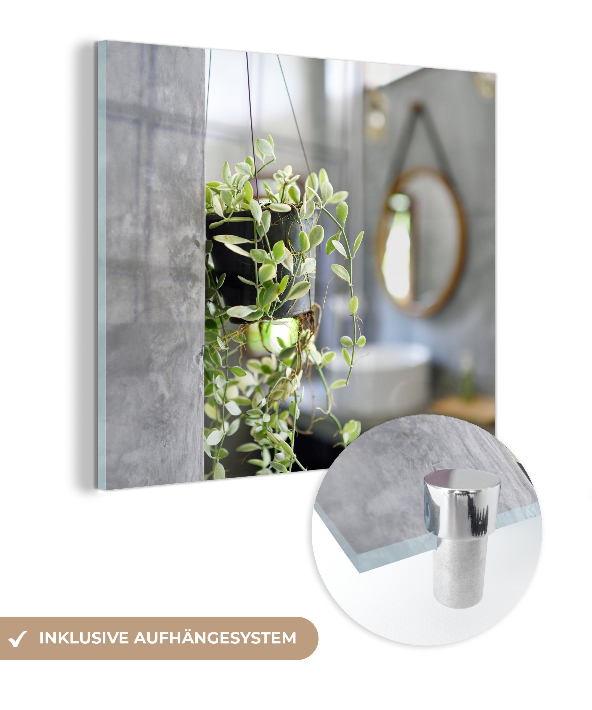 MuchoWow Acrylglasbild Kleine Hängepflanze im Badezimmer, (1 St), Glasbilder - Bilder auf Glas Wandbild - Foto auf Glas - Wanddekoration