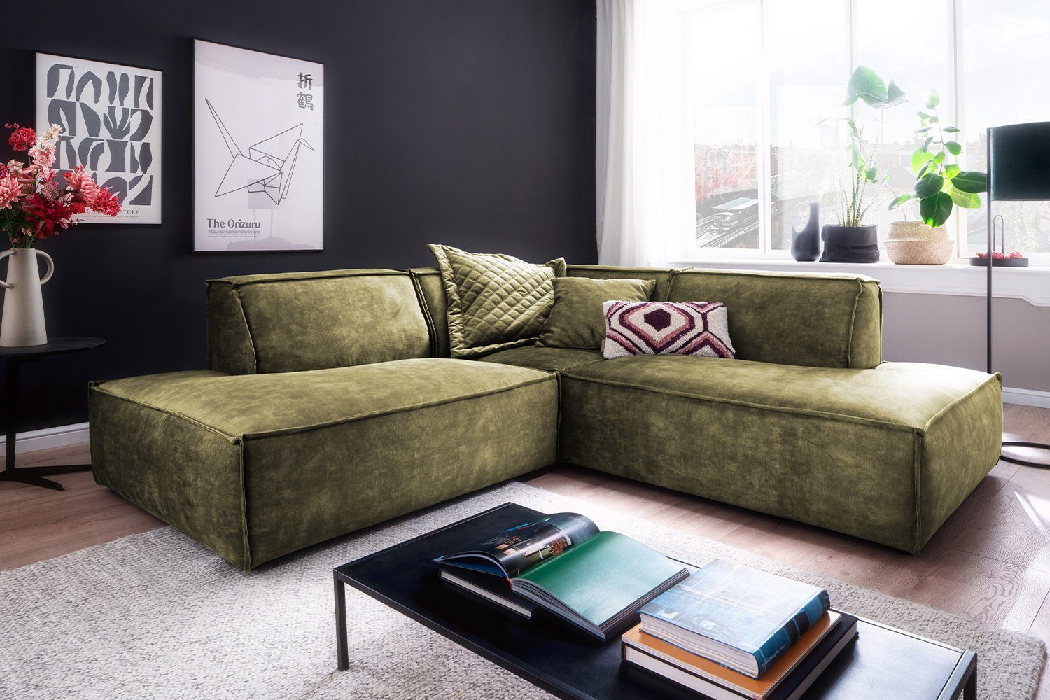 KAWOLA Ecksofa SAMU, Sofa links, rechts Vintage, Velvet od. olivgrün versch. Recamiere Farben