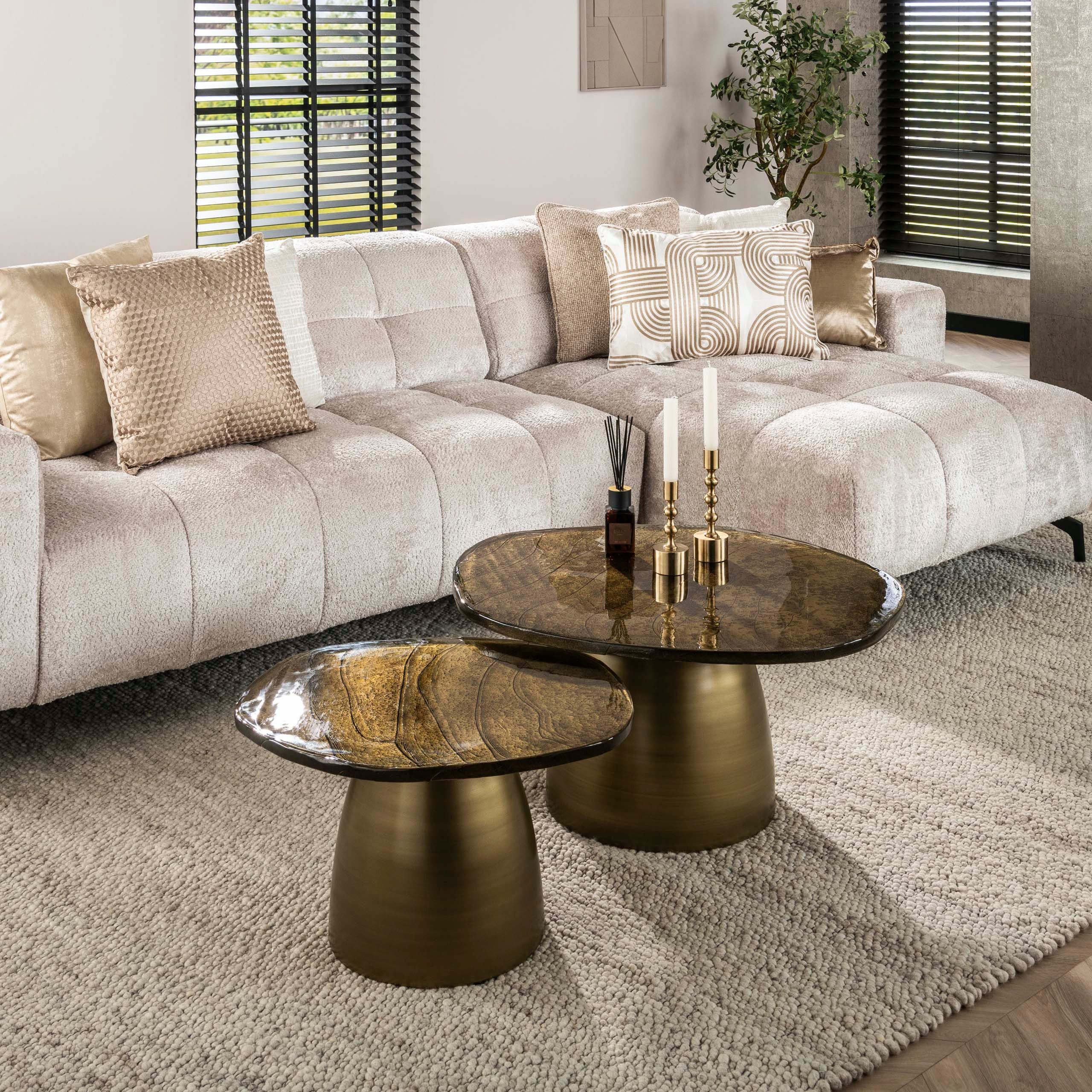 alesvelt Couchtisch ECLIPSE ORGANICO 2-teilige Glastische mit Gussglas & Metallfuß (Set, 2er-Set), Tischplatte aus Gussglas
