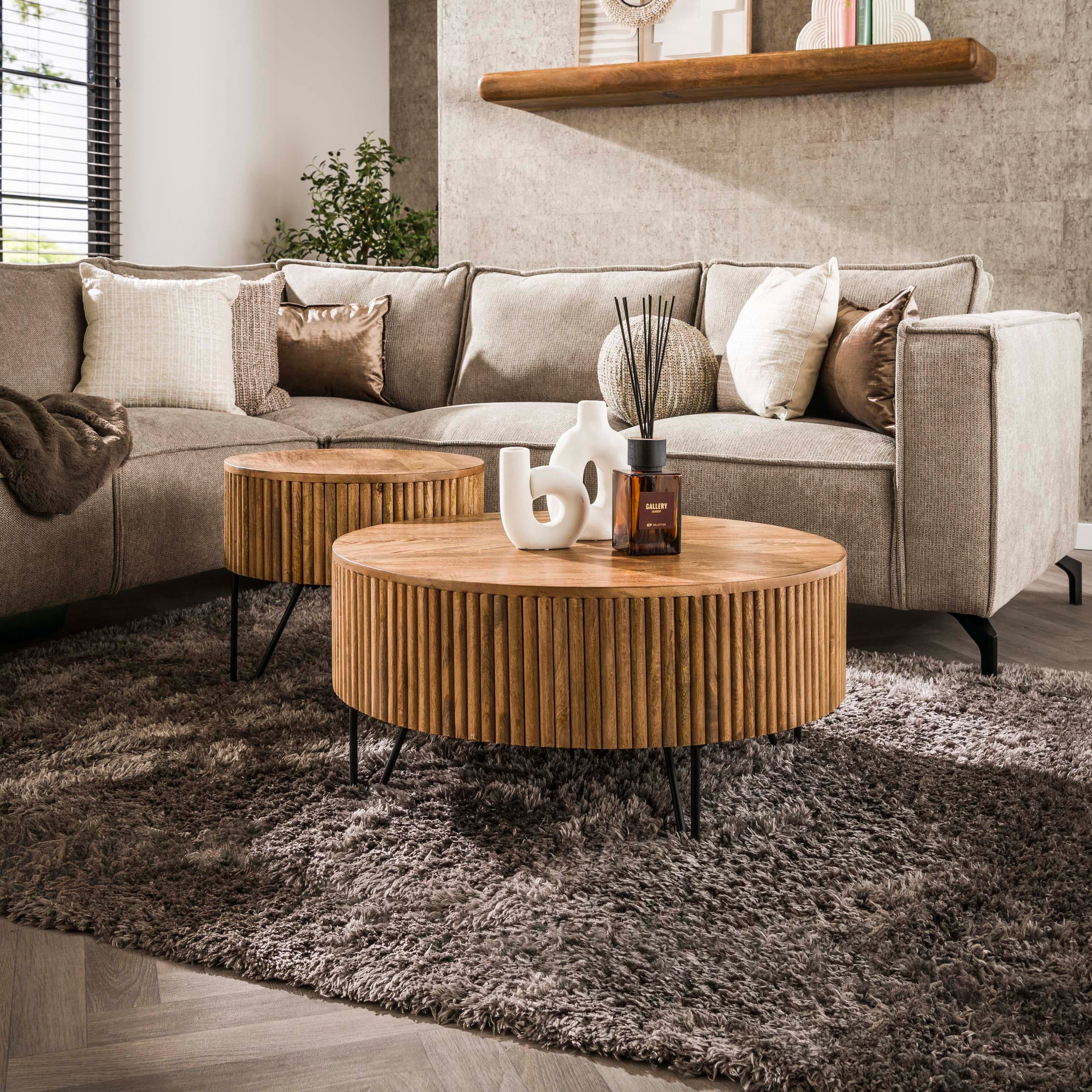 alesvelt Couchtisch -Set Elio Tamburo Runde Satztische aus Mangoholz im Lamellen-Design (Set, 2er Set), 80x38h / 50x45h cm