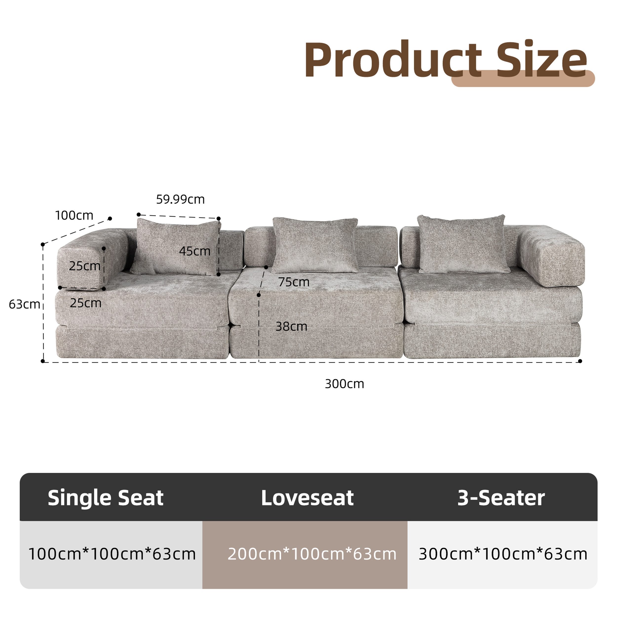 Leawin Sofa 118" Modular Schlafsofa, 3-Sitzer, aus Chenille Stoff, wandelba günstig online kaufen