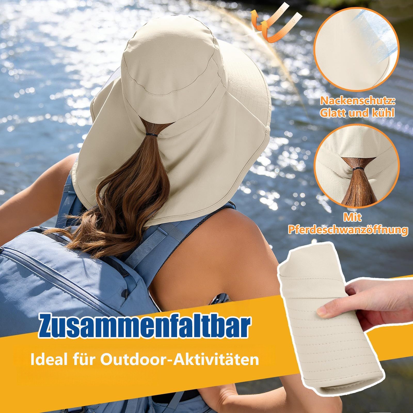 Oemmn Sonnenhut Sonnenhut für Damen mit Nackenschutz und Pferdeschwanzöffnung