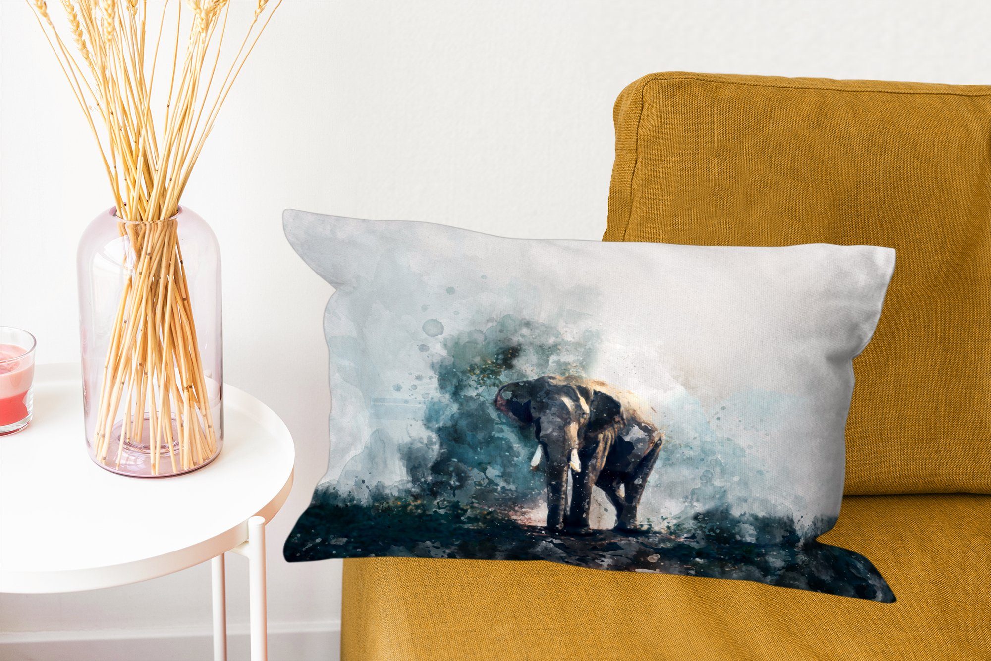 MuchoWow Dekokissen Elefant - Aquarell Dekokissen Wohzimmer Dekoration, - mit Schlafzimmer Zierkissen, Füllung, Blau