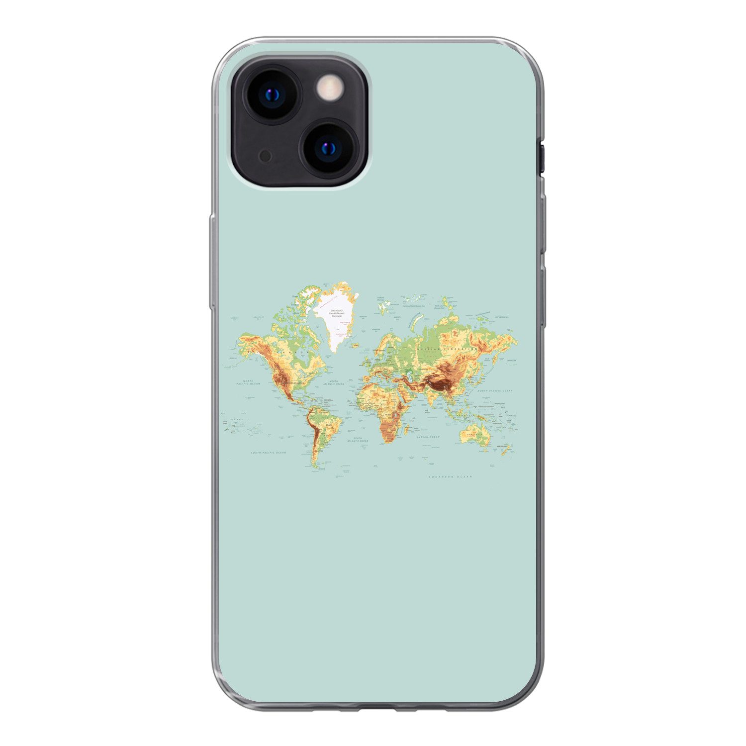 MuchoWow Handyhülle für Apple iPhone 13 mini Weltkarte - Realistisch - Blau, Smartphone-Bumper, Print, Handy Schutzhülle Dünn