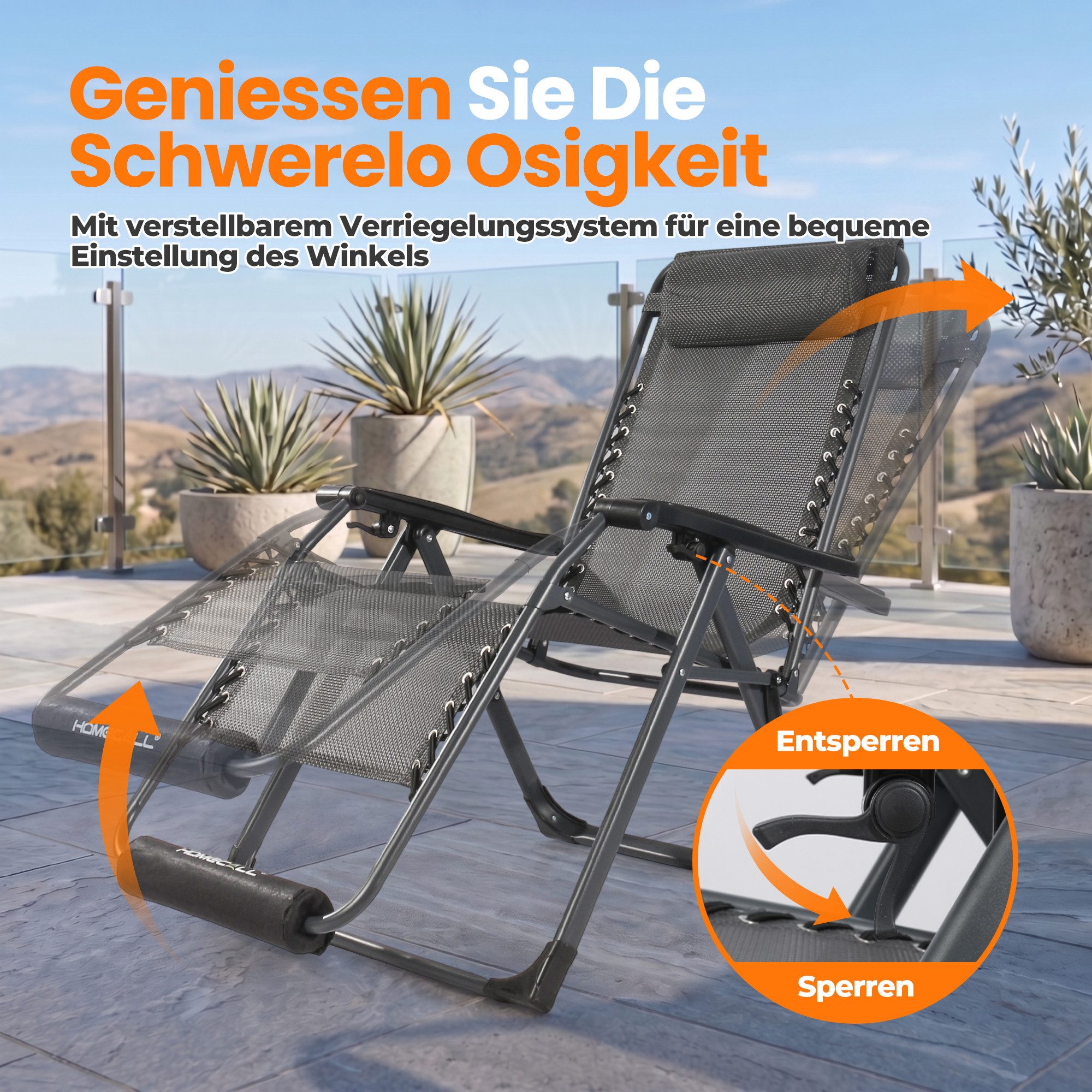 HOMECALL Gartenliege Sonnenliege Klappbar, Liegestuhl mit Weiches Kissen,groß Campingstuhl, XXL Extra breiter Zero Gravity Stuhl, 1 St., bis 180 KG, für Garten  – Bild 4 von 5