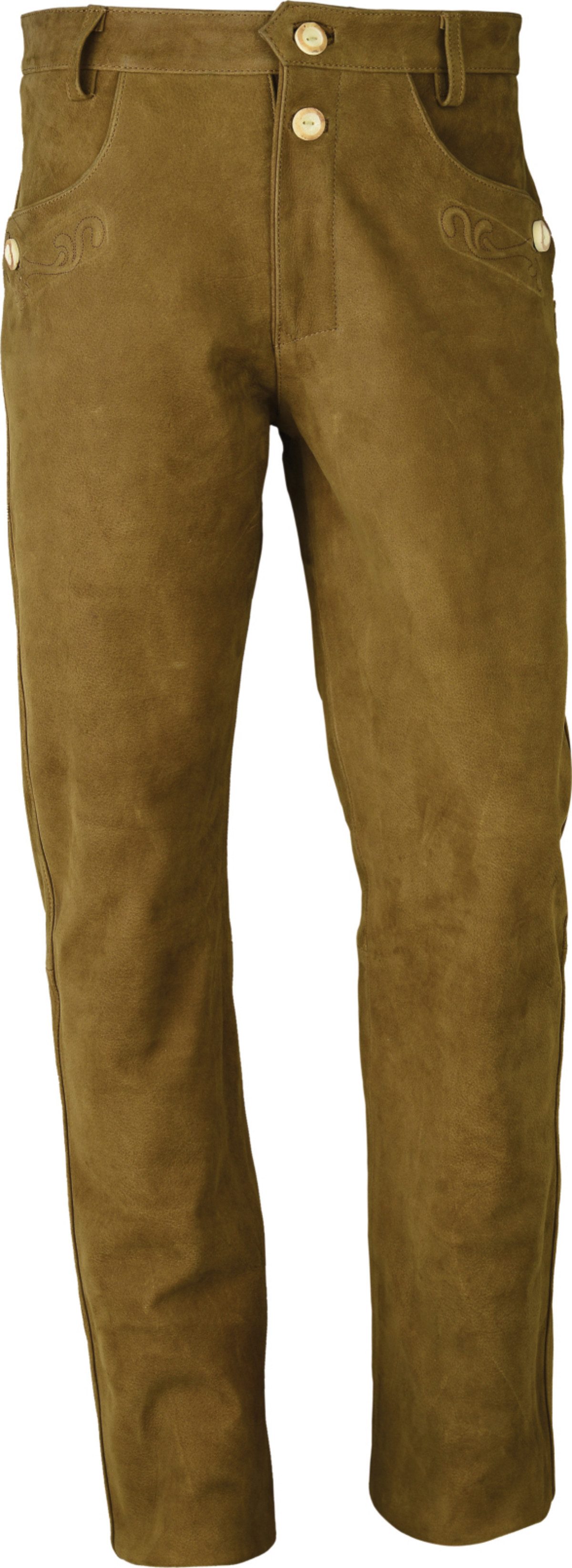 Trachtenlederhose Bayerische Trachten Lederhose für Herren, Nubuk Leder, lang, Camel