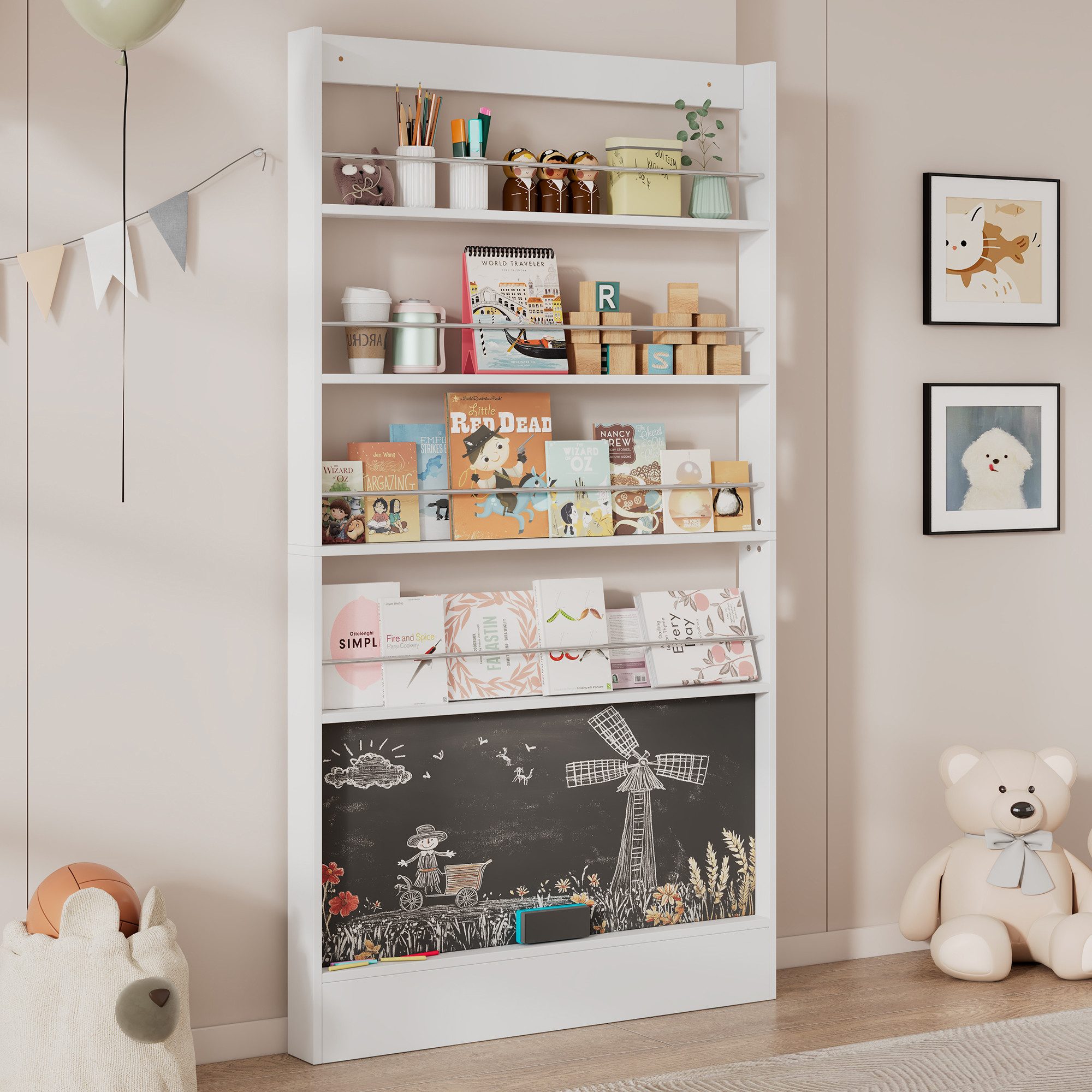 muvano Bücherregal Kinder Bilderbücherregal & Schreibtafel 4-stöfiges Aufbewahrungsregal, ultraflach 10 cm, Kippschutz, hinter der Tür, 100x10x180 cm
